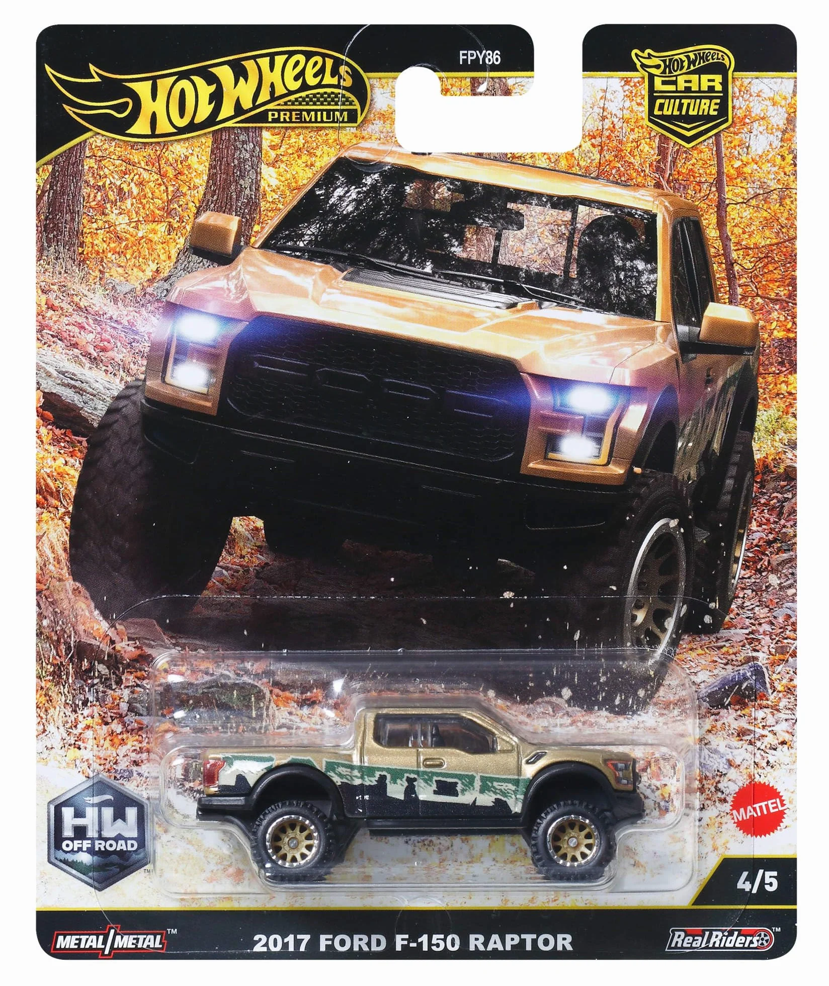 Hot Wheels Premium Car Culture Kultowe auta Off Road ’17 Ford F150 Raptor Metalowy samochód zabawka w skali 1:64 z oponami Real Riders, JBK70