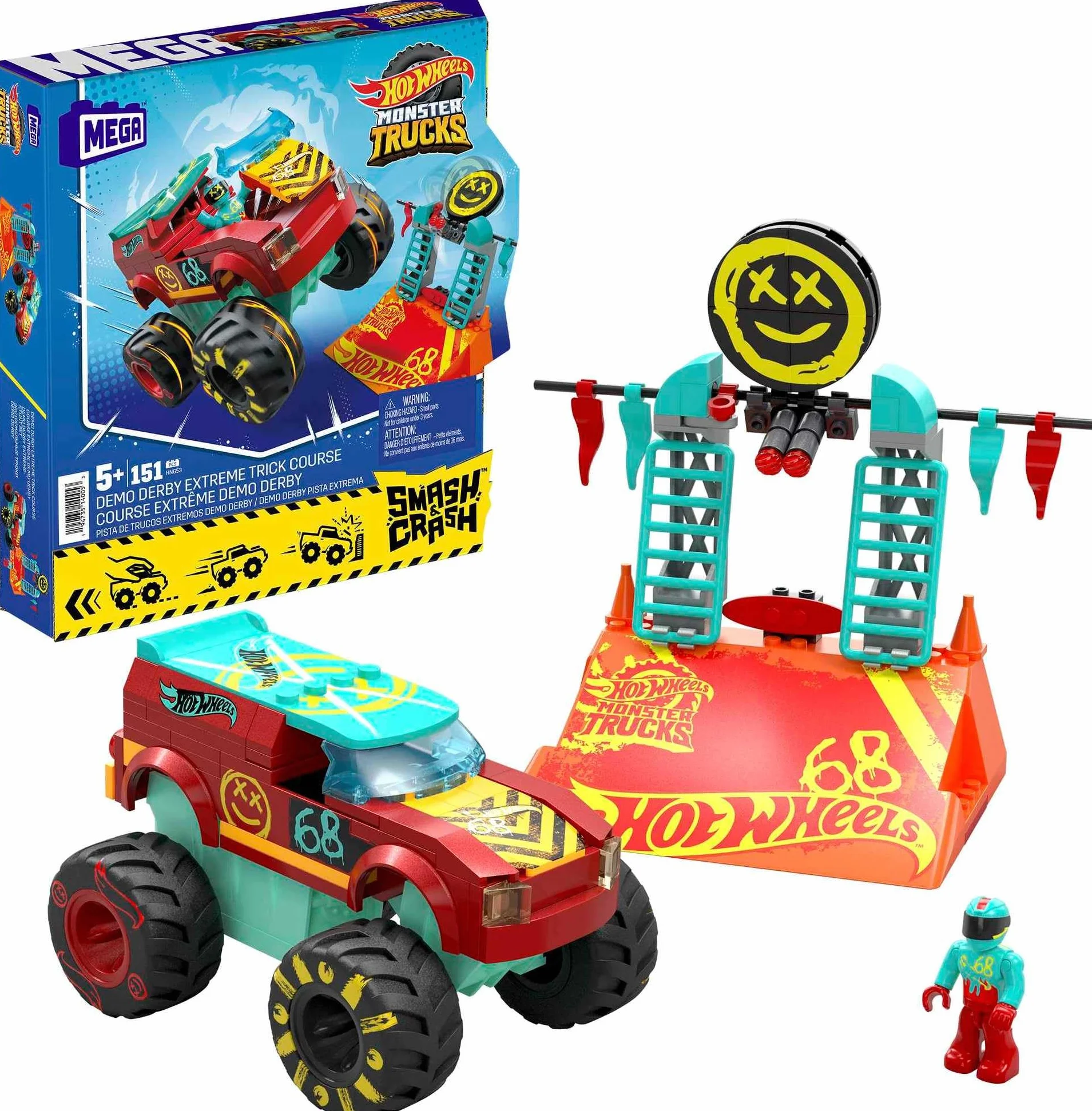 MEGA Hot Wheels Monster Trucks Demo Derby Ekstremalna sztuczka Zestaw konstrukcyjny zawierający 151 elementów i 1 mikrofigurkę, czerwony pojazd, pomysły na prezent dla dzieci, HNG53