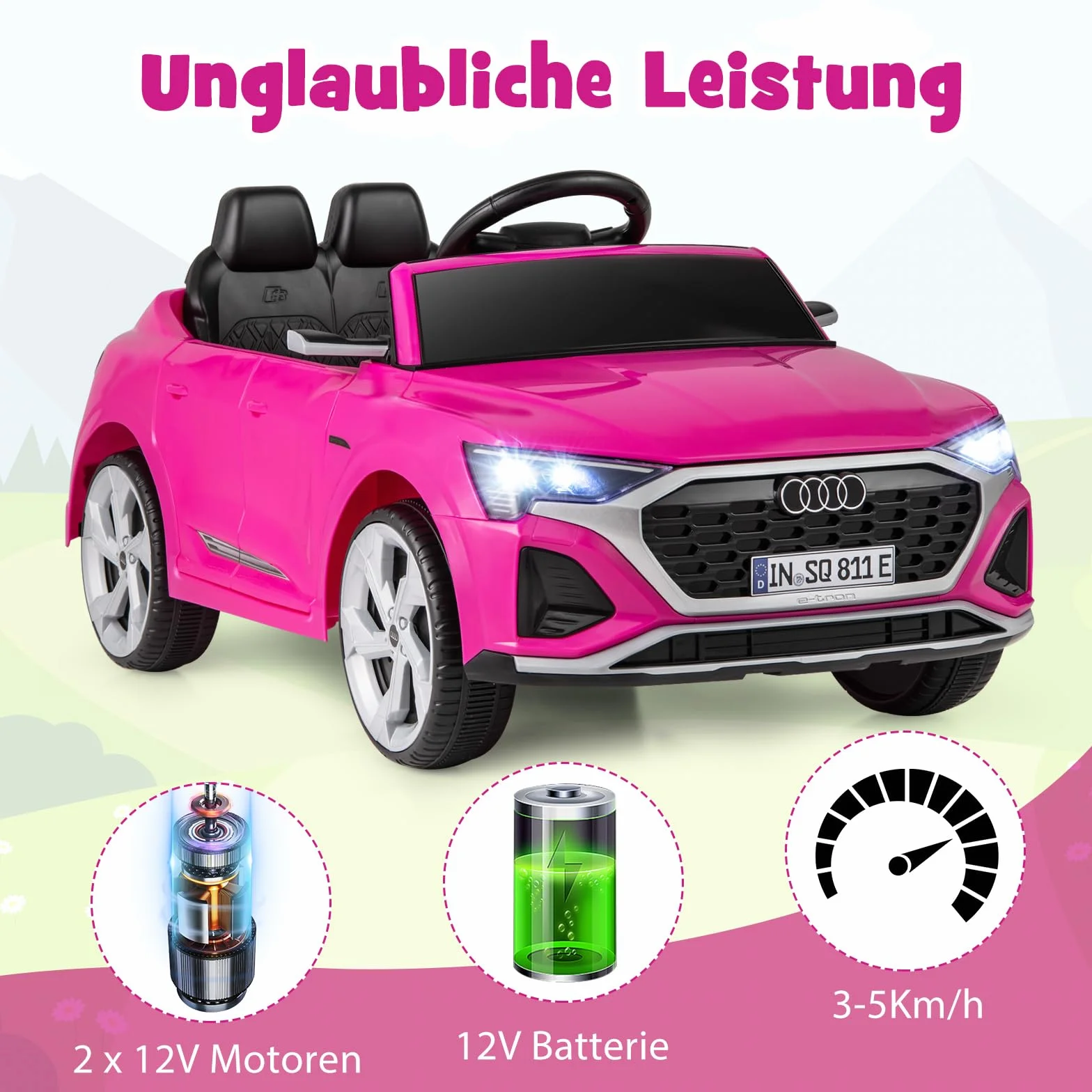 COSTWAY Samochód elektryczny dla dzieci Audi SQ8, 12 V, z pilotem zdalnego sterowania 2,4 G, klaksonem, reflektorami i muzyką, 3-biegowy samochód dziecięcy, elektryczny samochód dla dzieci od 3 lat