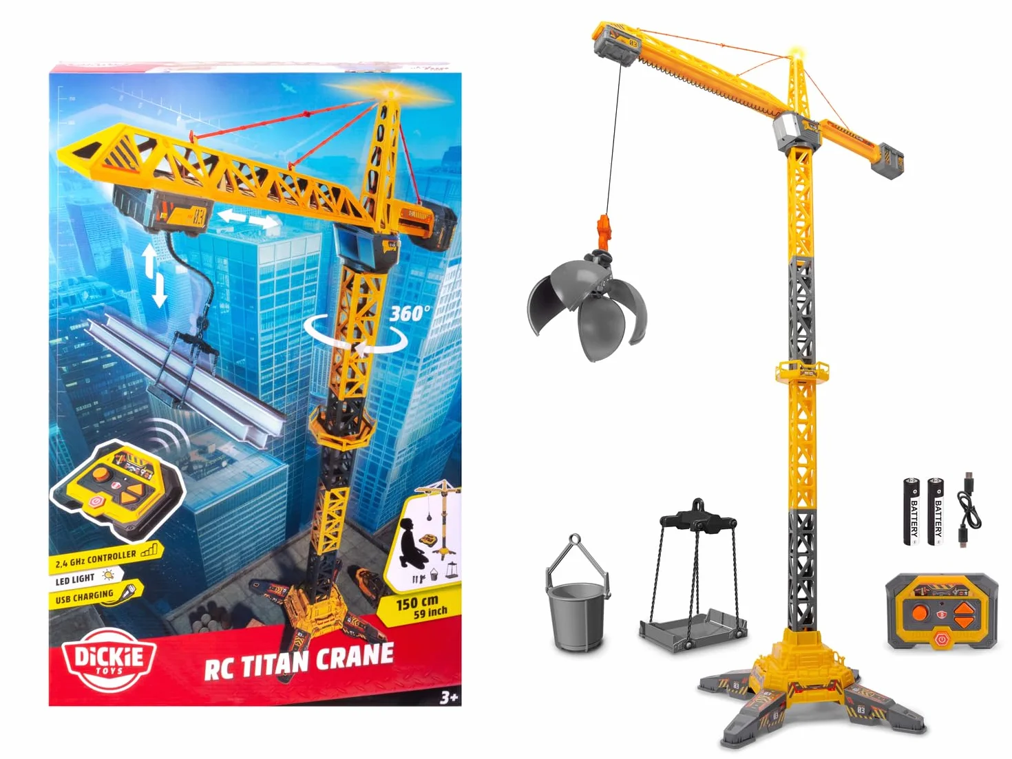 Dickie Toys 203729023 Dźwig Zdalnie sterowany radiowo 2,4GHz;obrót 360°;światło; akcesoria: wiaderko, taca, otwierana kula. Wysokość: 150 cm.