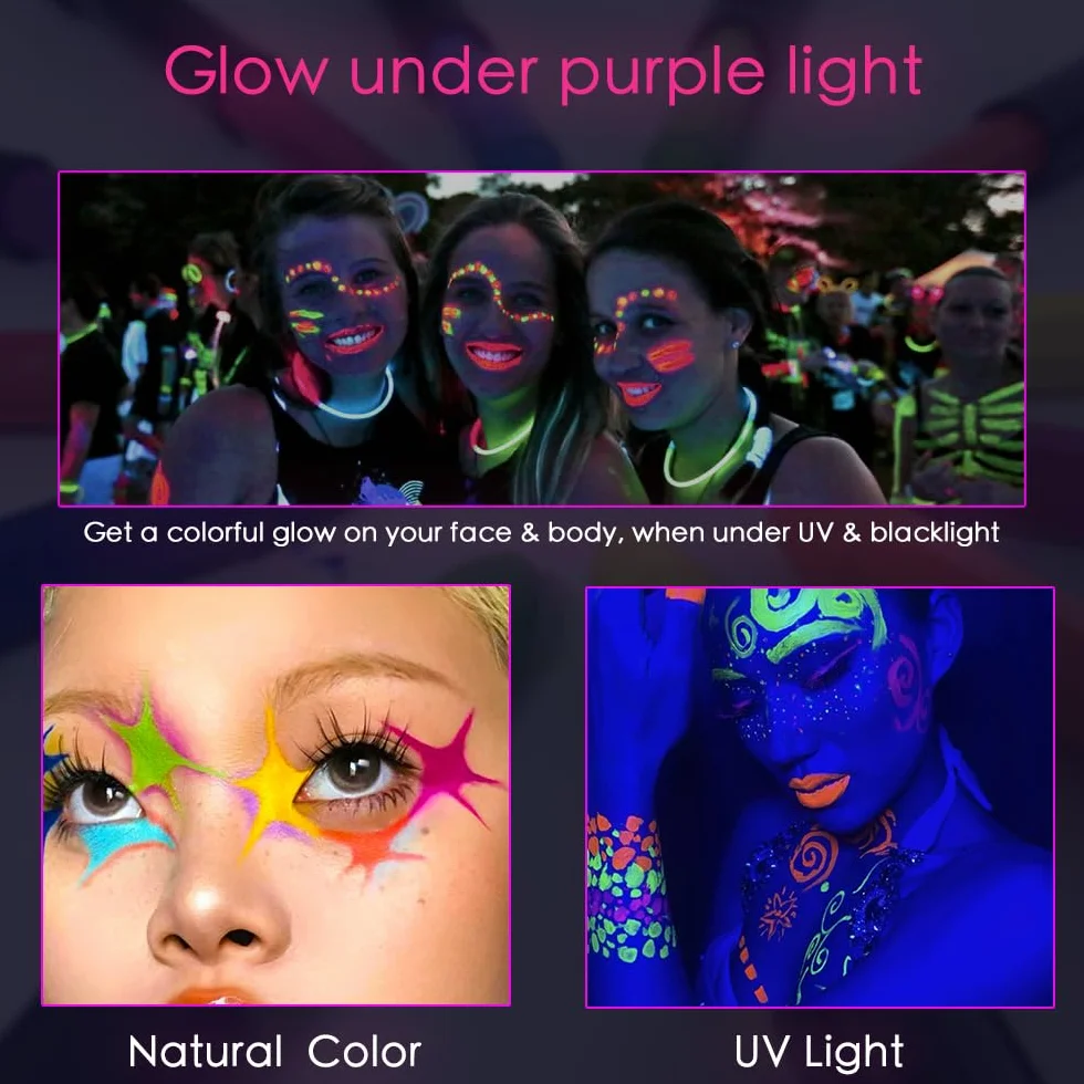 Farba fluorescencyjna UV, HISUNBEN 12 neonowych ołówków do twarzy i ciała, zmywalna, nietoksyczna farba neonowa UV, na festiwal, Mardi Gras, Halloween, do makijażu
