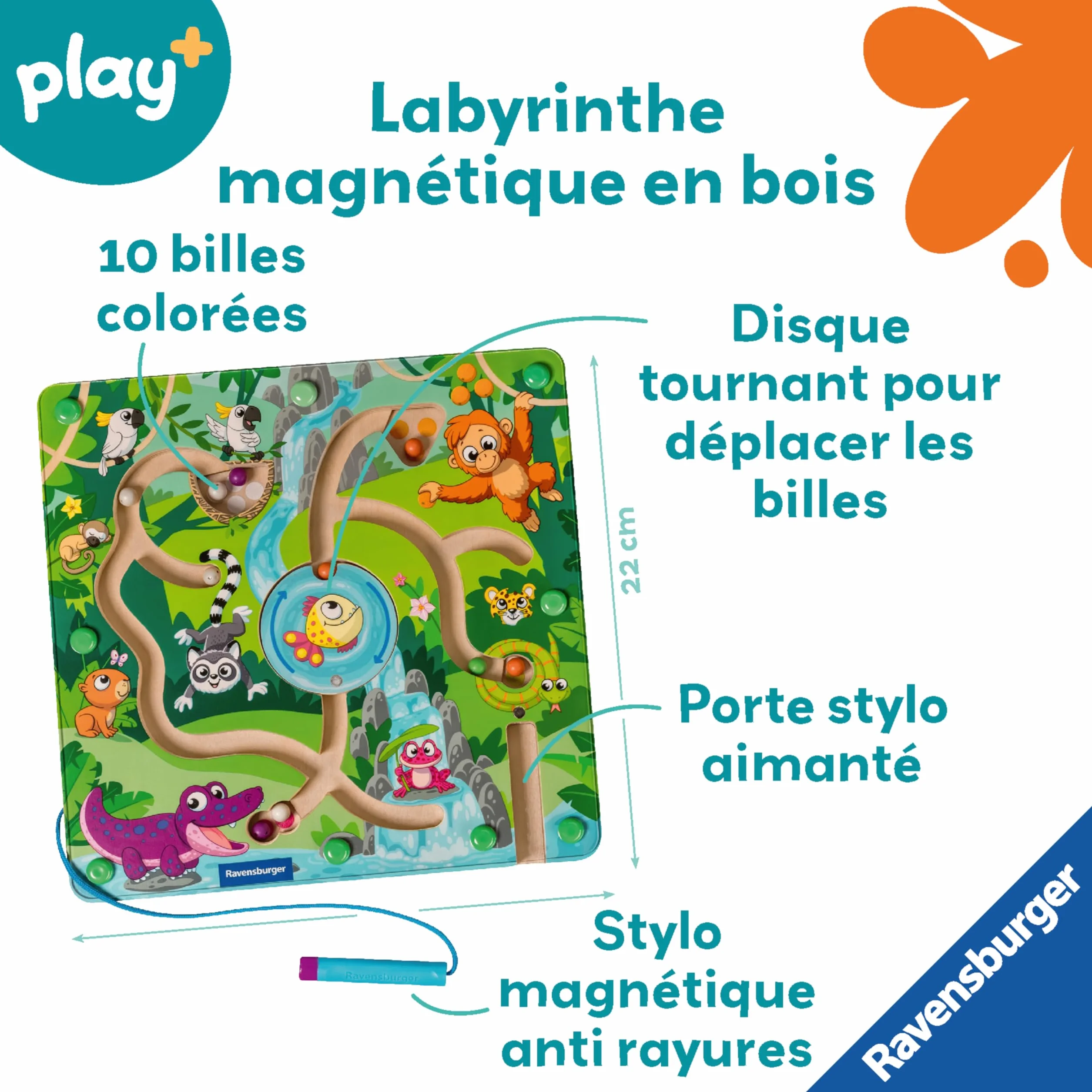 Ravensburger -Play + - Drewniany Labirynt magnetyczny w dżungli - Od 18 miesięcy - Wersja francuska - 34018