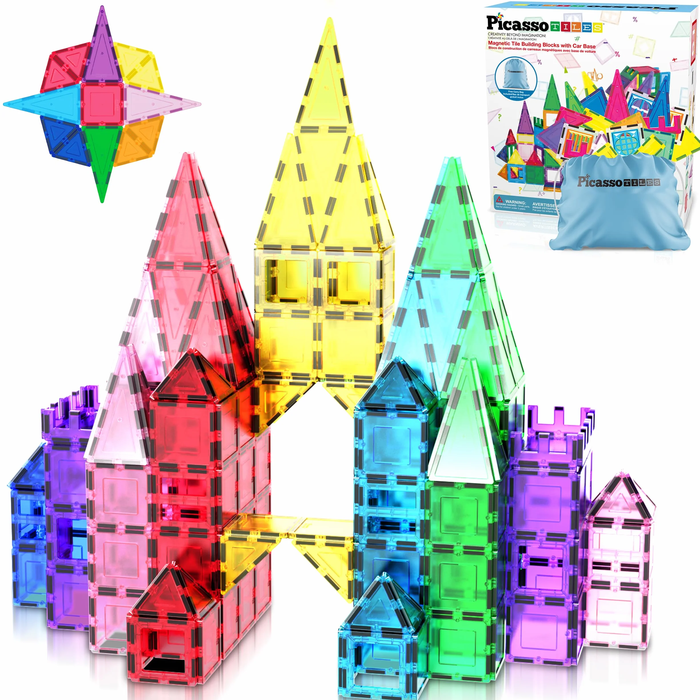 PicassoTiles Magnetyczne klocki z podstawą samochodową, torba do przechowywania ze sznurkiem, torba podróżna, torba do noszenia, klocki magnetyczne, zabawka konstrukcyjna, zestaw edukacyjny STEM