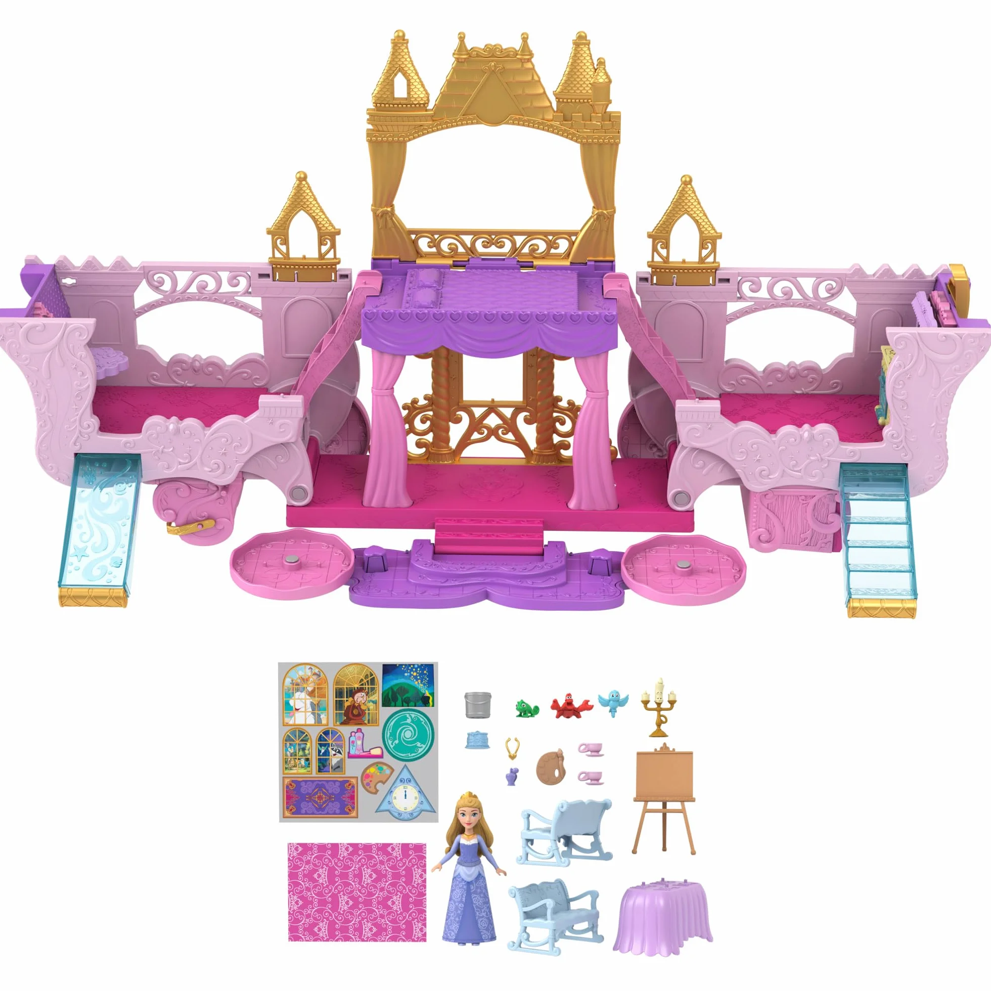 Mattel Księżniczka Disneya Karoca-Zamek 2w1 Zestaw z 3 poziomami, 6 obszarami zabawy, transformacją, małą lalką Aurorą, 4 figurkami, mebelkami i akcesoriami, HWX17