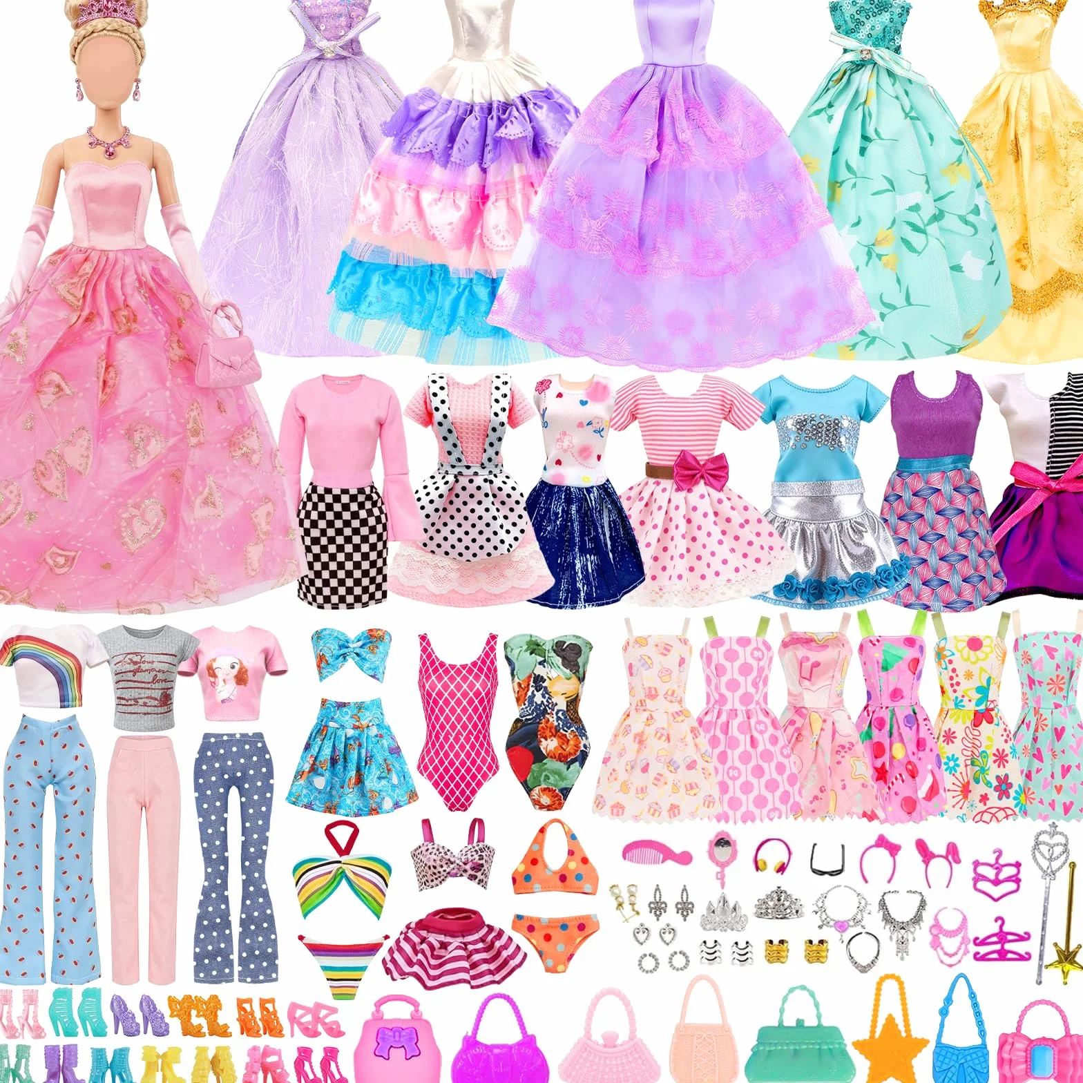 44 sztuki ubranek i akcesoriów dla lalek: 2 eleganckie sukienki, 2 suknie wieczorowe, 2 stroje (top + spodnie), 10 sukienek mini, 3 bikini, 10 par butów i 15 akcesoriów dla lalki 11,5-calowej.