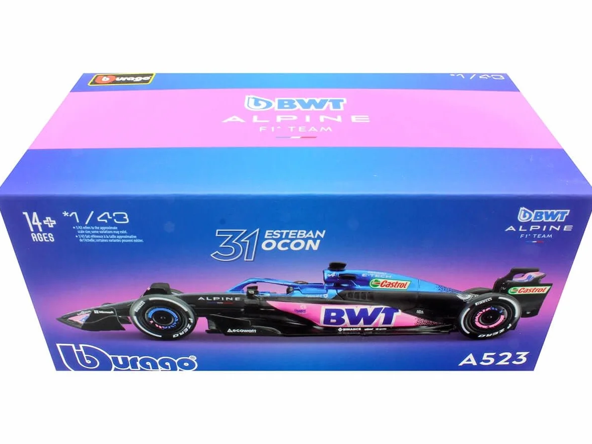 Bburago - Charles Ocon Alpine 1 Formuła 2023 z kaskiem - Reprodukcja pojazdu 1/43 - Kolekcja wyścigów - Zabawka dla dzieci do kolekcjonowania od 3 lat - 38073O