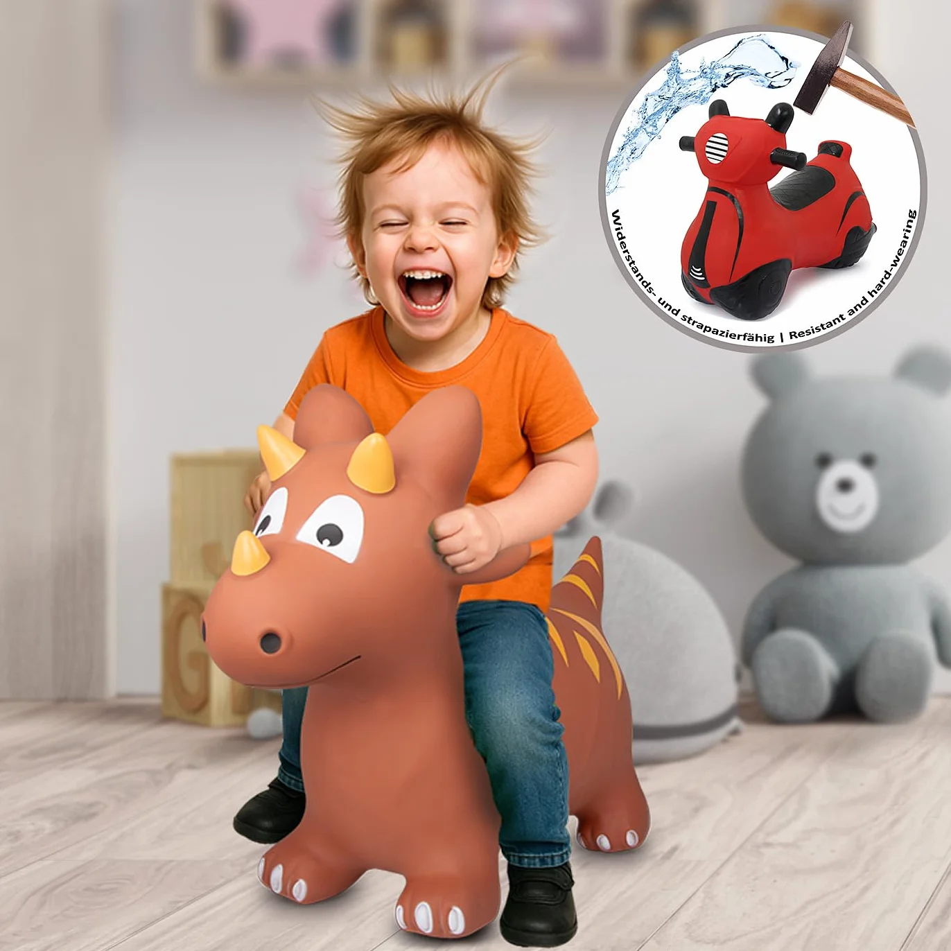 JAMARA 460591 - Dino z pompką, nie zawiera BPA, do 50 kg, wspomaga zmysł równowagi i zdolności motoryczne, uszy zwierząt służą jako trzymanie, wytrzymałe i wytrzymałe, łatwe w utrzymaniu