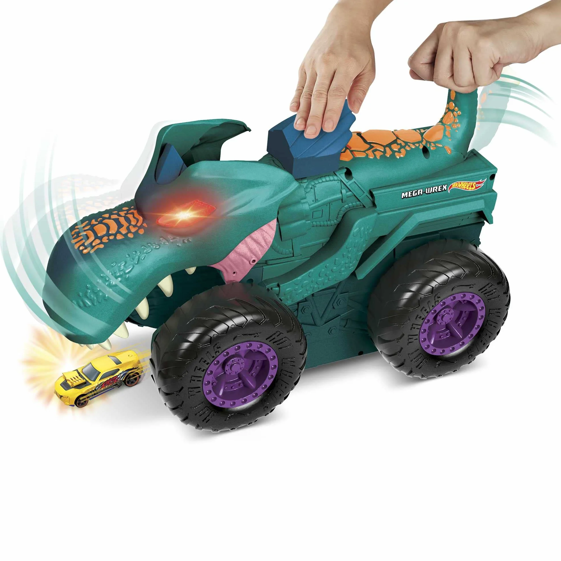 Hot Wheels Monster Trucks Pożeracz aut Mega Wrex Duży pojazd ze światełkami i efektami dźwiękowymi, „pożera” i „wypuszcza” metalowe autka i Monster Trucki w skali 1:64, od 4 roku życia, GYL13