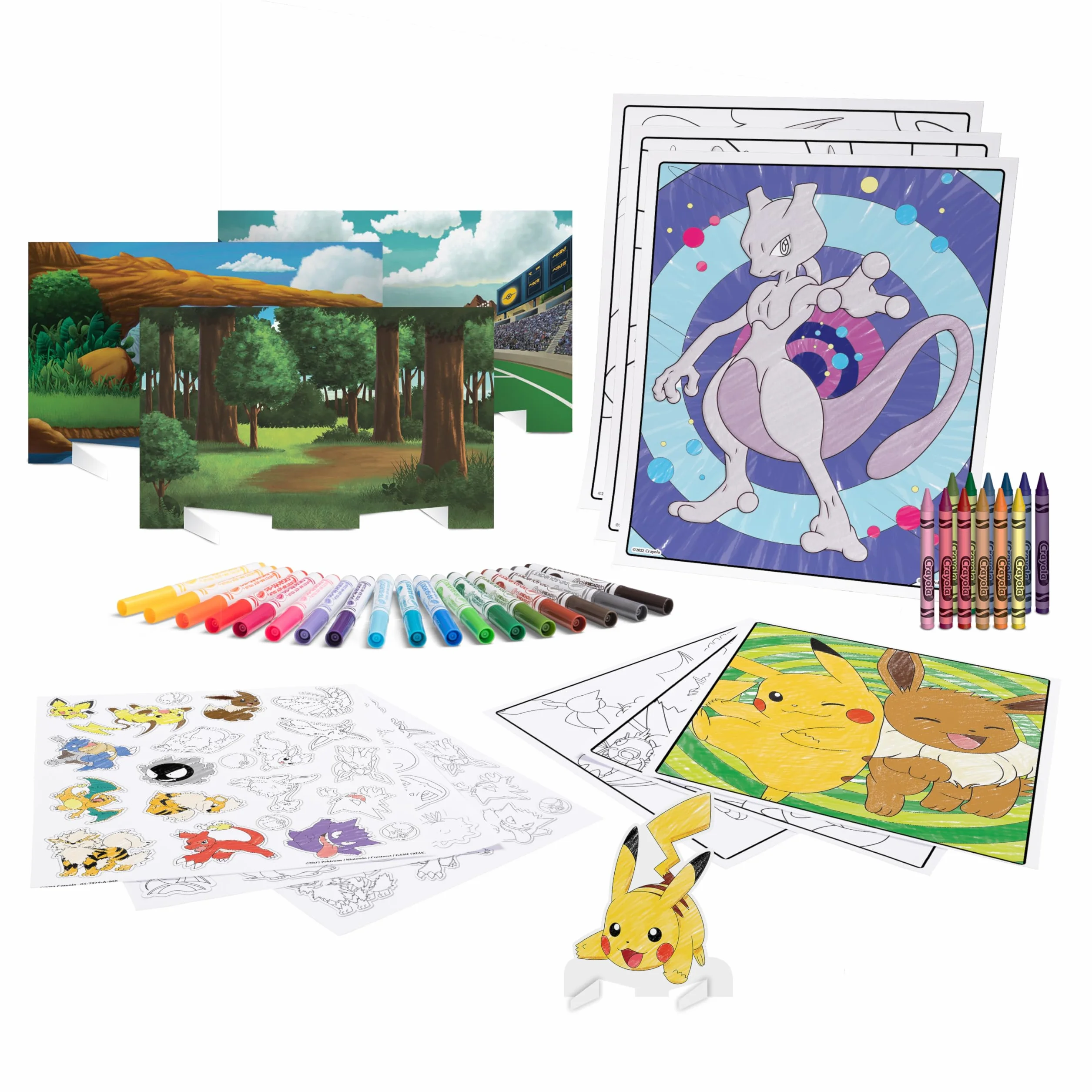 CRAYOLA - Zestaw do kreatywnego rysowania Pokemon 5 w 1, z kolorowankami, markerami, kredkami, naklejkami, 60 elementów, prezent dla chłopców i dziewczynek od 4 lat, pomysł na prezent i podróż