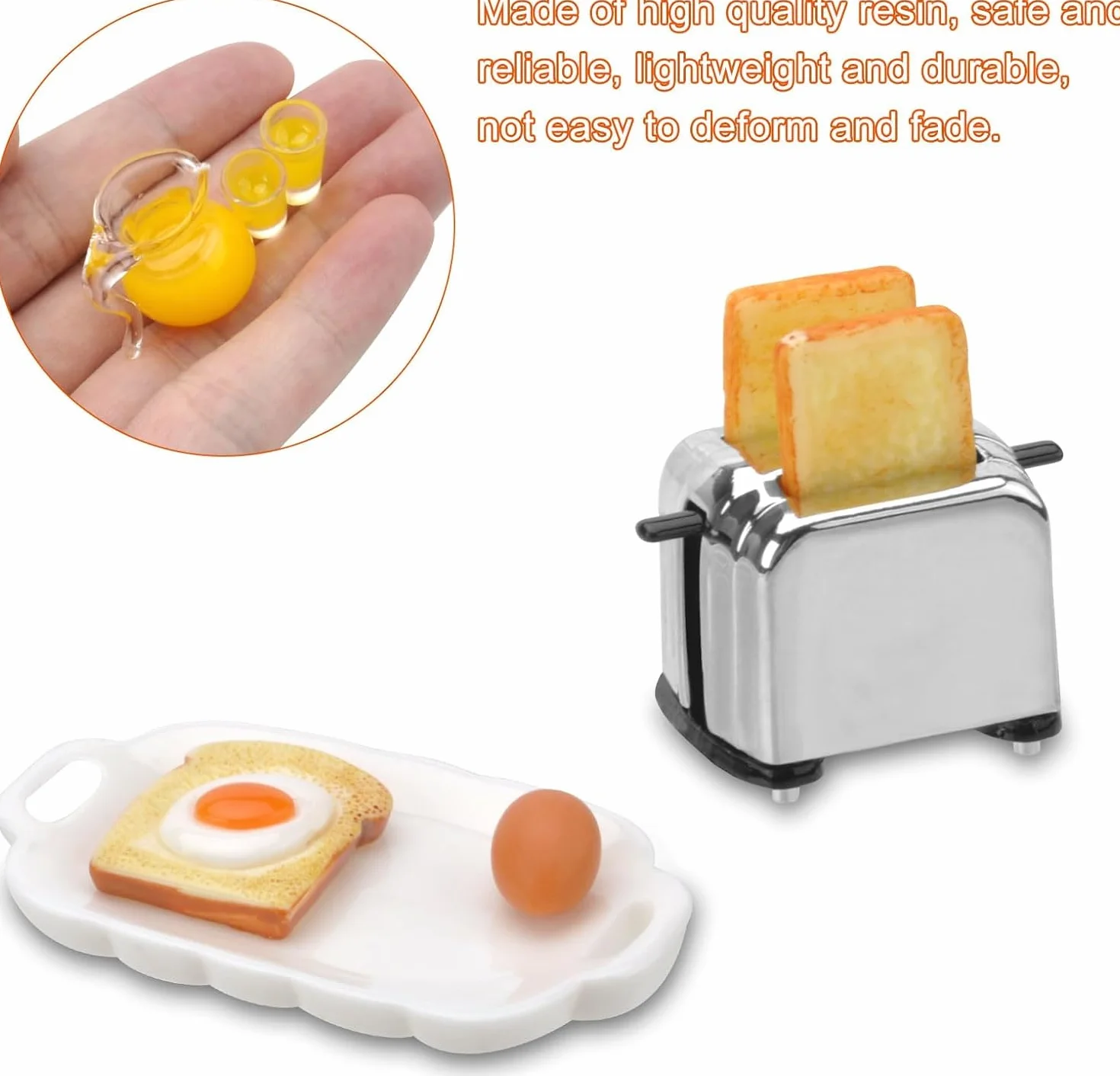 Miniaturowe akcesoria śniadaniowe, akcesoria do domku dla lalek, akcesoria skrzat, naczynia dla lalek, porcelana, miniaturowa kuchnia, mini jedzenie, mini maszyna do tostów, chleb, jajka, filiżanki
