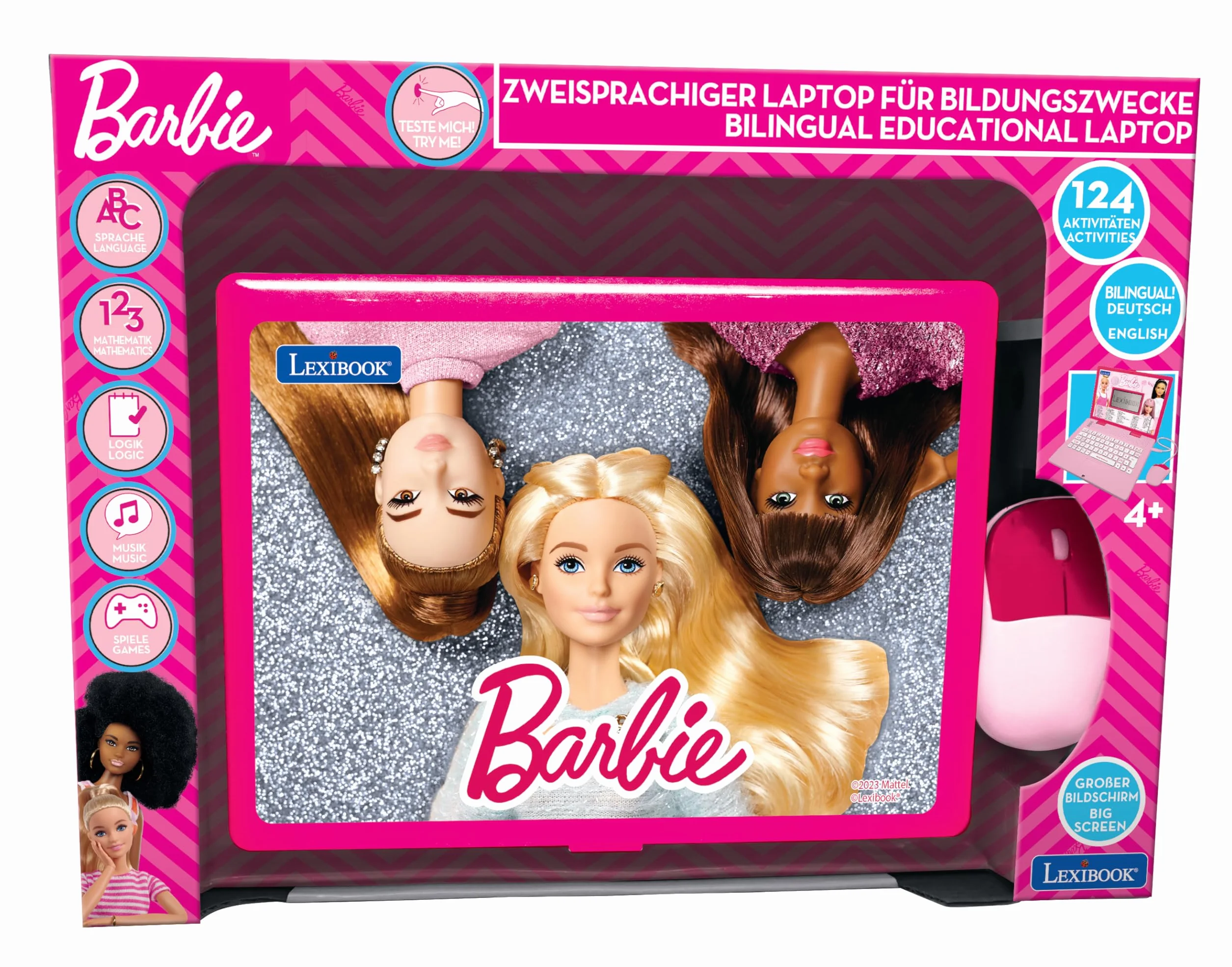 Lexibook, Barbie, edukacyjny i dwujęzyczny laptop w języku angielskim/niemieckim, zabawka dla dzieci z 124 aktywnościami do nauki, grania w gry i muzyki, różowy, JC598BBi3