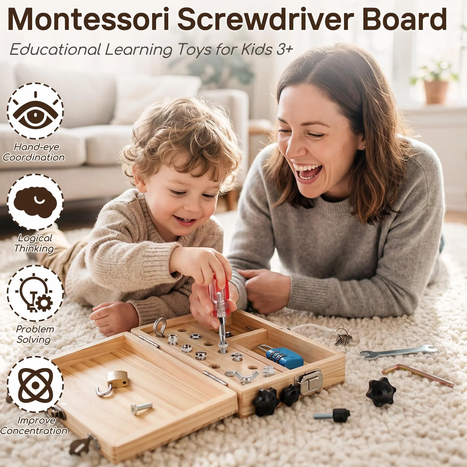 Lehoo Castle Zabawka Montessori dla dzieci od 3, 4, 5 lat, zestaw narzędzi dla dzieci z zabawkami z drewna, zabawka motoryczna, śrubokręt, Busy Board, zabawka sensoryczna dla dzieci z ADHD i autyzmem