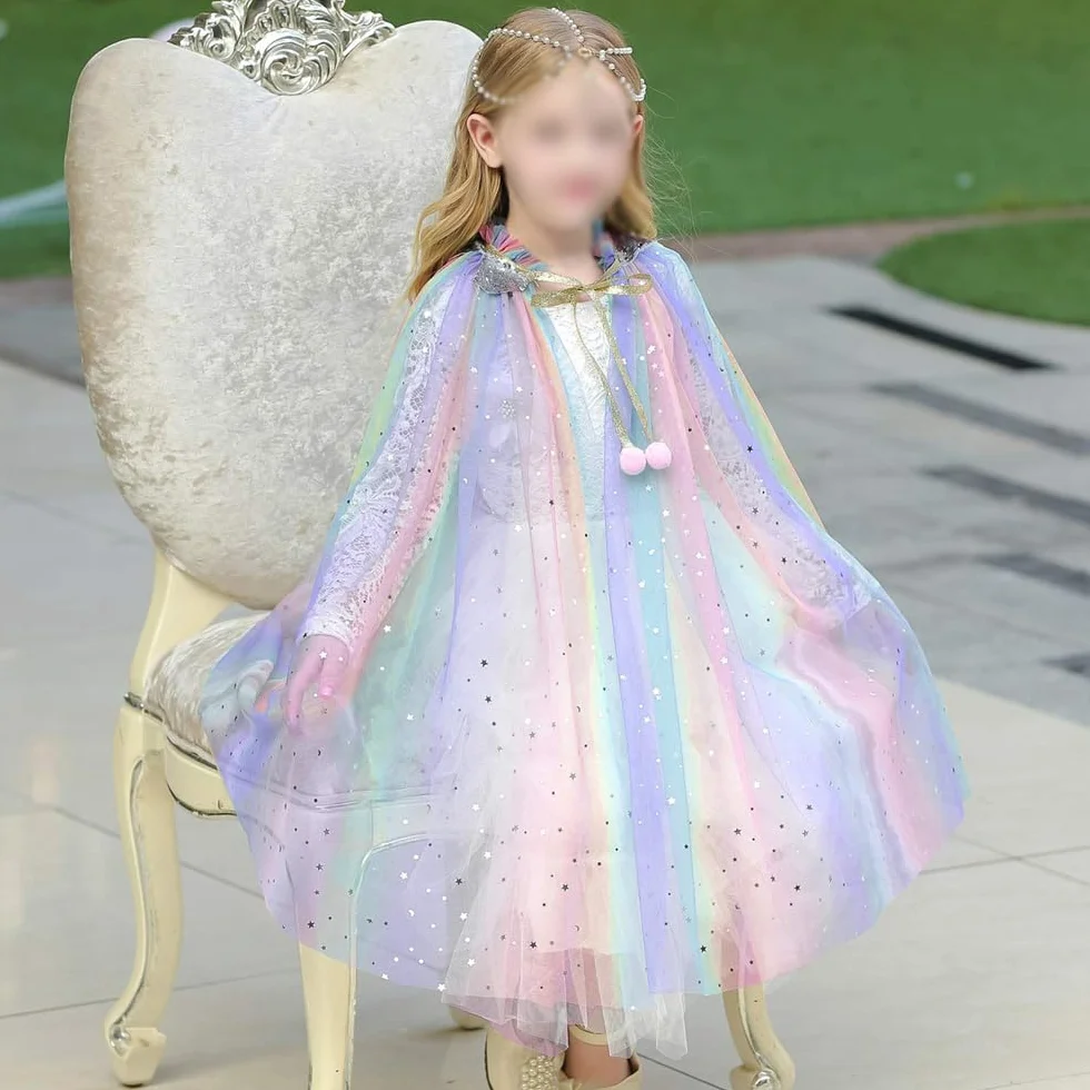 Namvo Kolorowa peleryna księżniczki, błyszcząca, tiulowa peleryna dla dziewczynek, fantazyjna sukienka, kostium na Halloween, karnawał, przyjęcie urodzinowe, cosplay