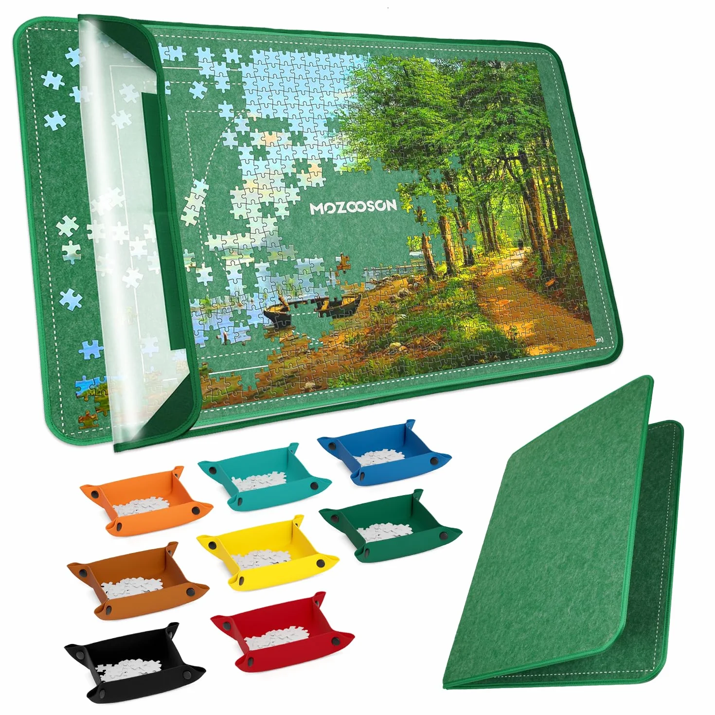 MOZOOSON Składana tablica do puzzli 2000 elementów, przechowawcza z 8 tacami do sortowania, przezroczysta pokrywa, 105 x 80 cm