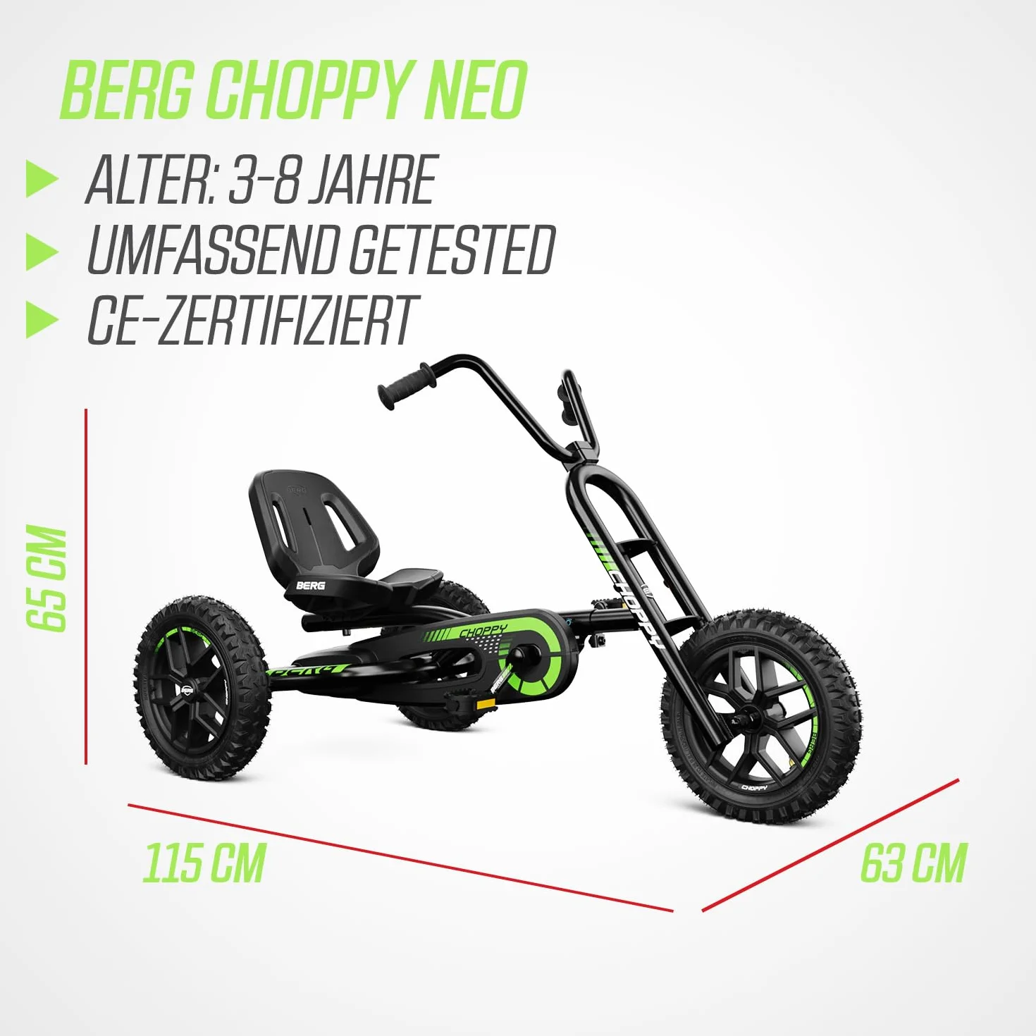 BERG Gokart Choppy Neo pojazd dziecięcy, samochód na pedały z optymalnym zabezpieczeniem, 3 opony pneumatyczne i wolny bieg, zabawka dla dzieci w wieku 3-8 lat, czarny