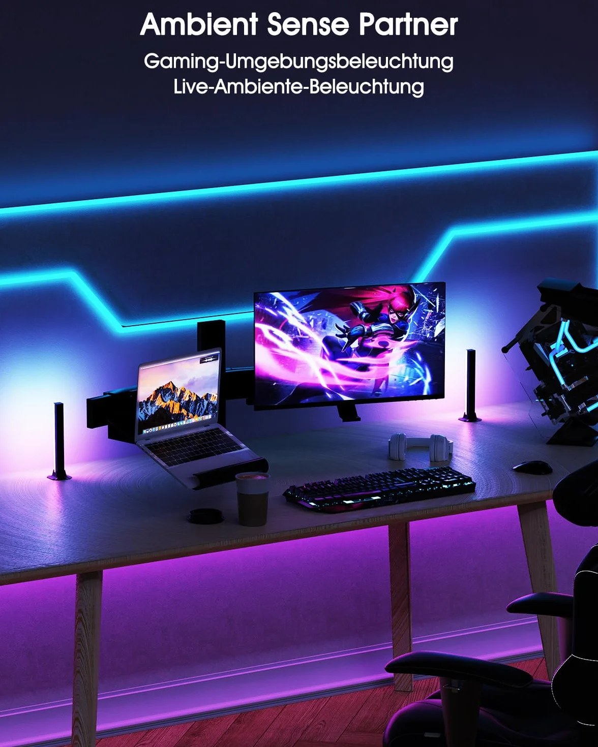 Lampka LED RGB [2 sztuki], lampa gamingowa z podświetleniem tła TV, zasilana przez USB, 32 cm, synchronizacja z muzyką, sterowanie za pomocą aplikacji, lampa otoczenia z pilotem zdalnego sterowania