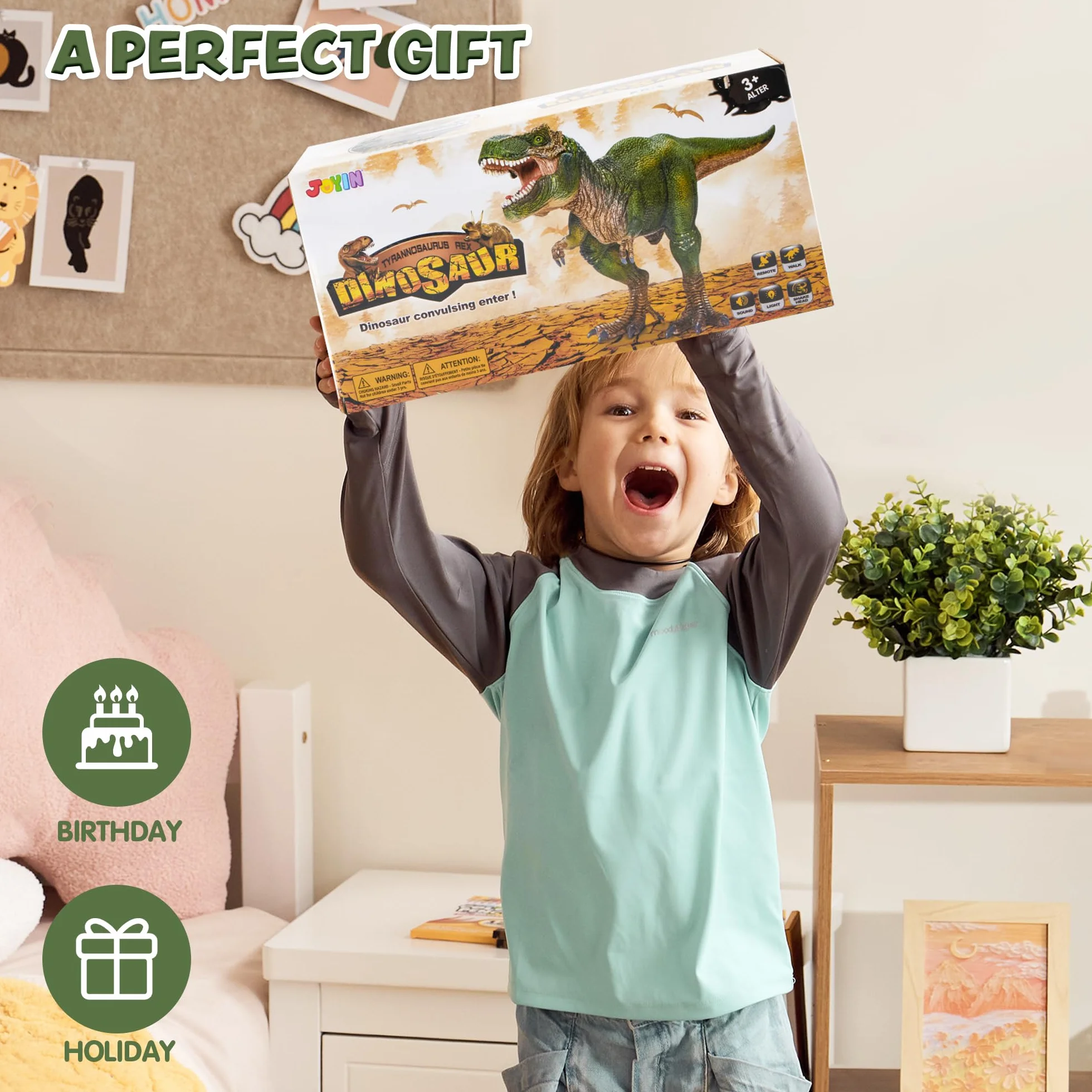 JOYIN Zdalnie sterowana zabawka dla dzieci, zabawka dinozaur T-Rex, dinozaur z chodzeniem, rykiem, świecącymi oczami i wstrząsami głową dla małych dzieci, chłopców i dziewczynek