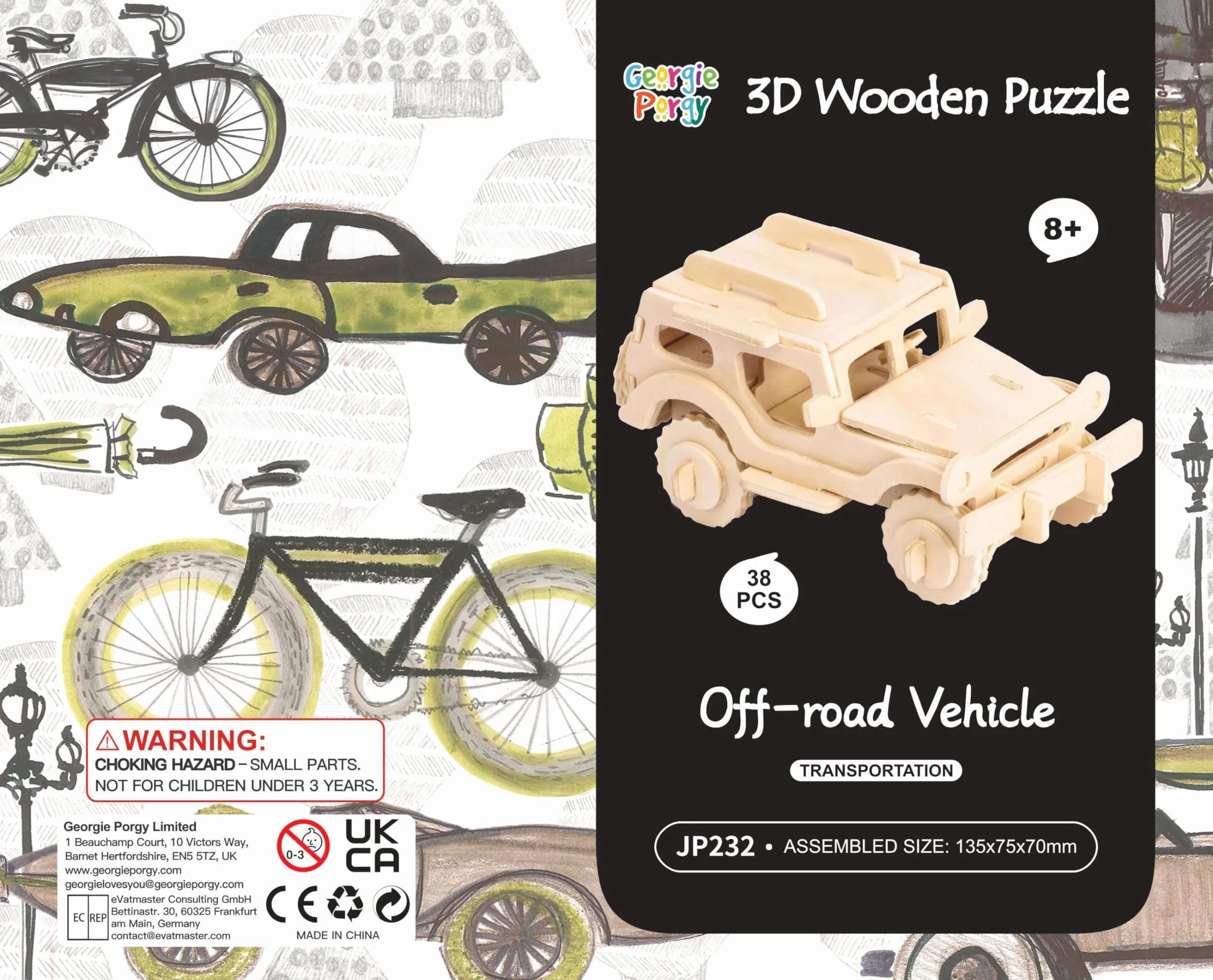 Georgie Porgy Zestaw konstrukcyjny, drewniane puzzle 3D, wycinane drewniane modele dla dzieci, zabawka, zestaw 3 szt. (dwupłatowiec, terenówka, statek ratowniczy)