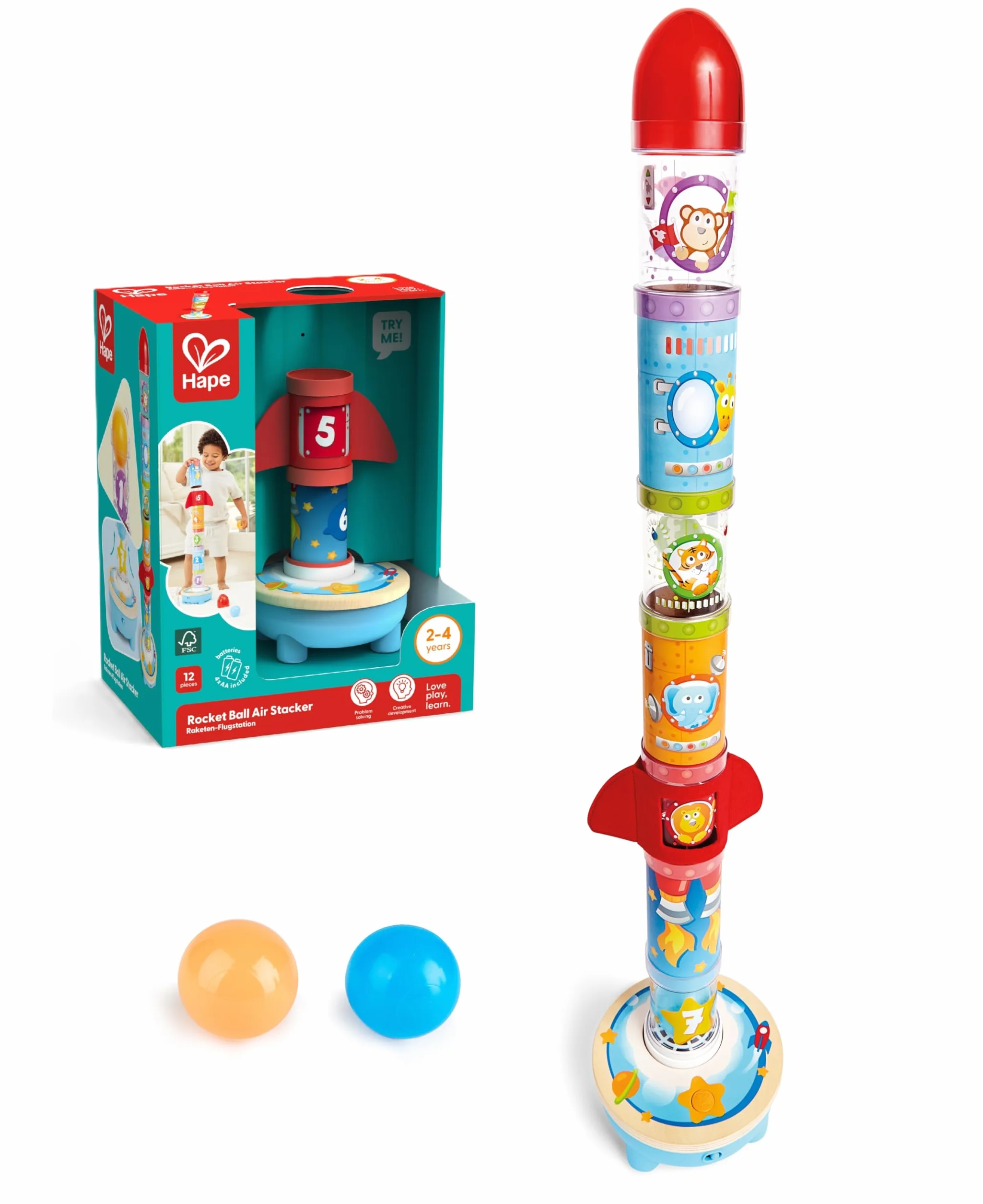Hape Rocket Stacker Toy Air-Powered Ball Launcher Playset for Toddlers with Fan, 24 Months and Up, Black