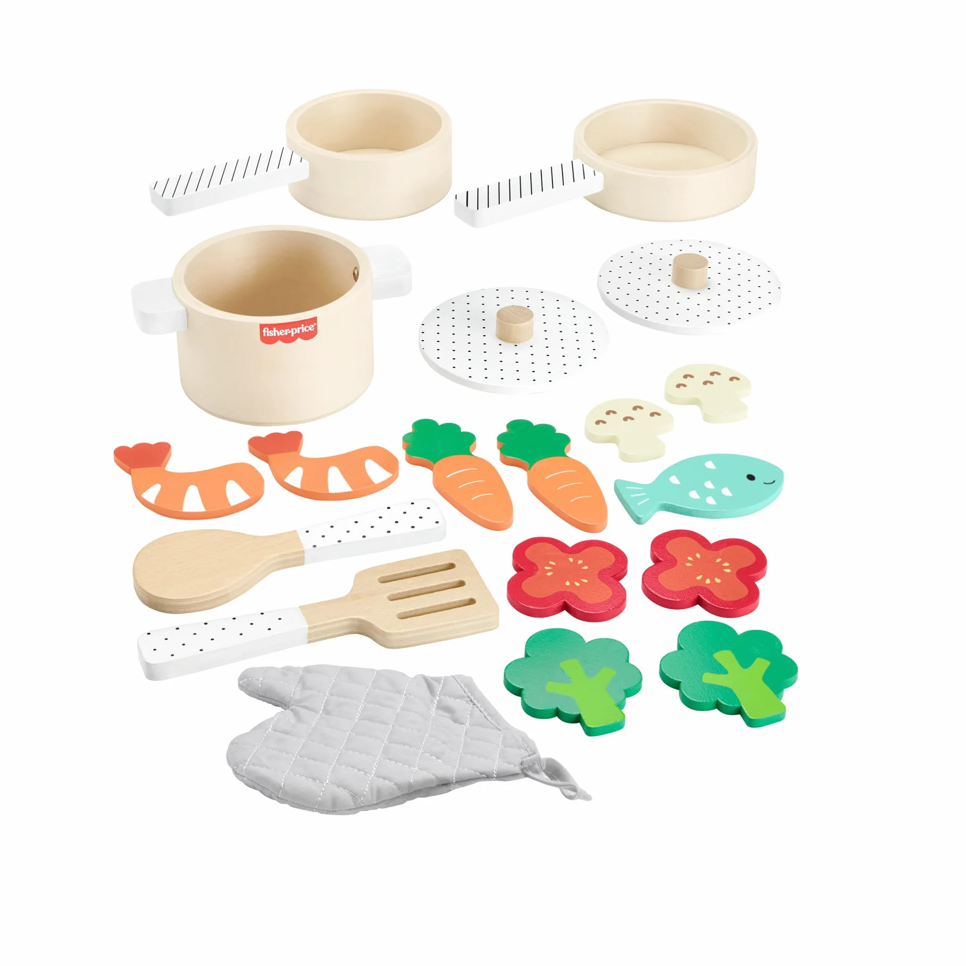 Fisher-Price Maluch gotuje Zestaw drewnianych zabawek 19 elementów, dla dzieci od 3 roku życia, HXT83