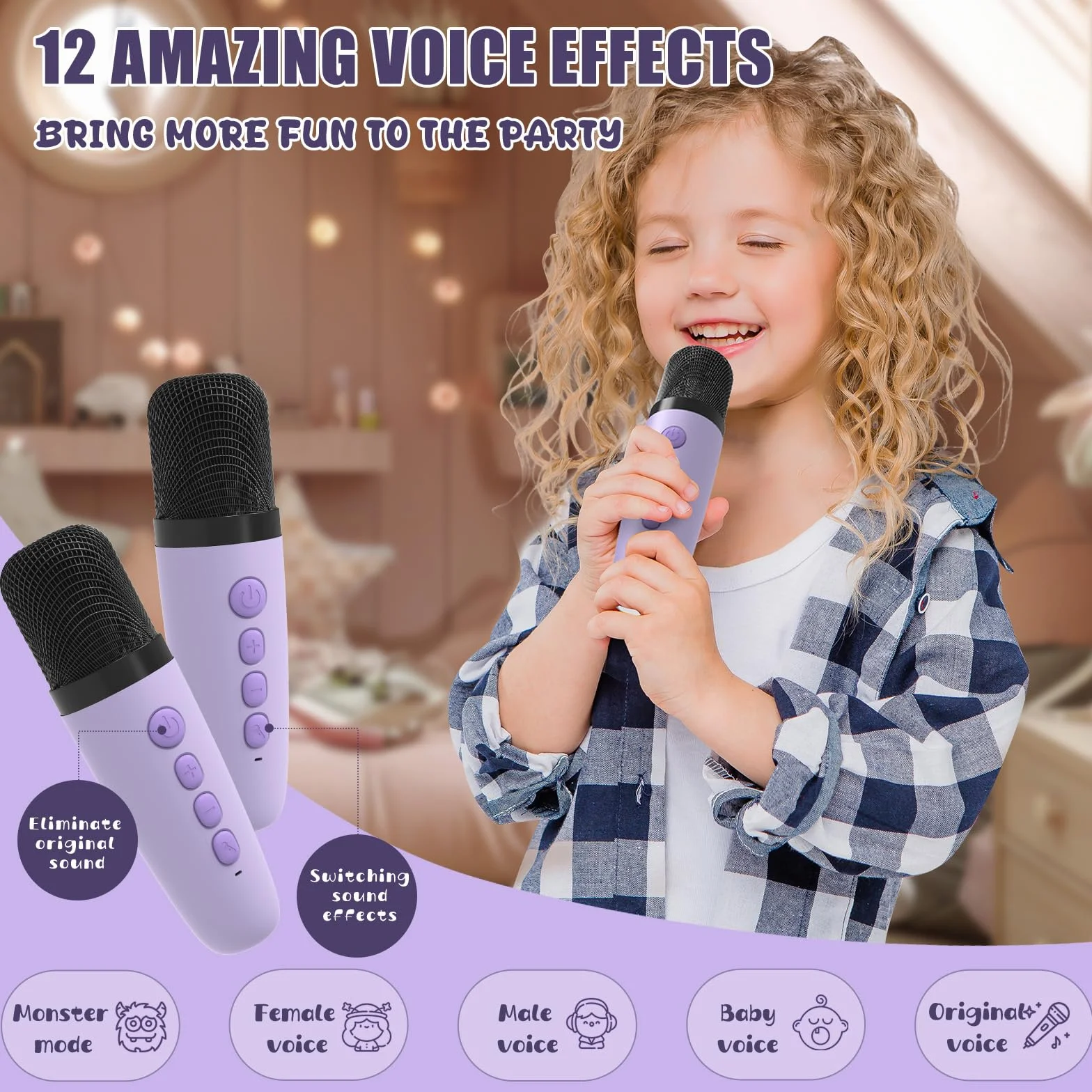 Maszyna Do Karaoke Dla Dzieci Z 2 Mikrofonami,Bezprzewodowy Bluetooth, Z Efektami Zmiany Gosu I Diodami Led Prezent Dla Dziewczynek, Dla Dziewczynek W Wieku 3-12 Lat Prezent Urodzinowy
