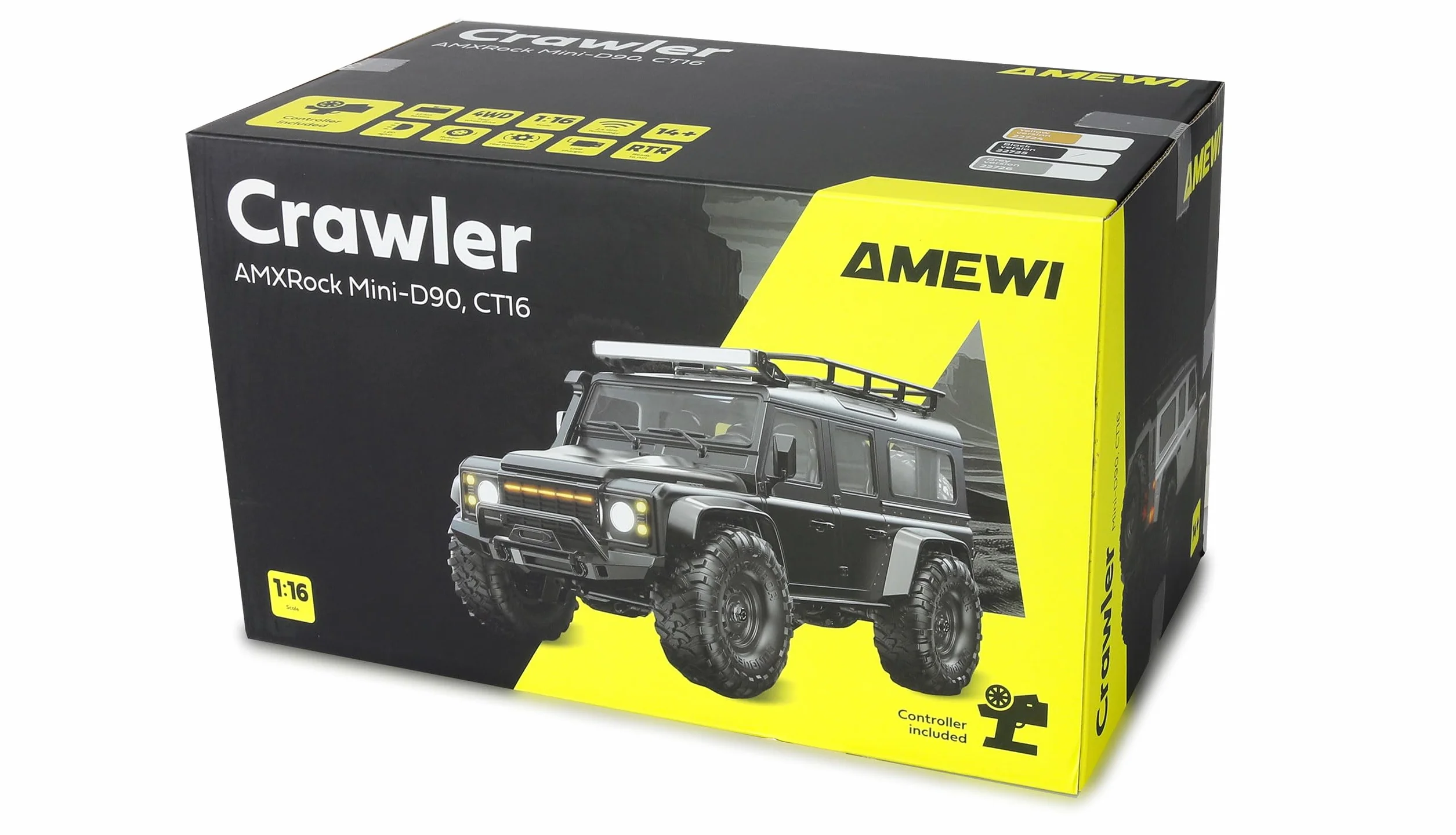 Amewi AMXRock Mini-D90 Scale Crawler 4WD 1:16 RTR żółty z pilotem zdalnego sterowania, akumulatorem, kablem do ładowania
