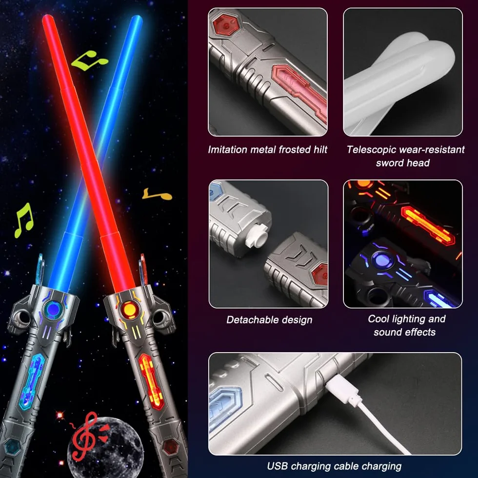 Miecz laserowy zabawka dla dzieci, Lightsaber, RGB 15 kolorów miecz laserowy Star Wars z symulowanymi efektami dźwiękowymi świecący miecz laserowy, wysuwany miecz świetlny 2 w 1 dla dzieci