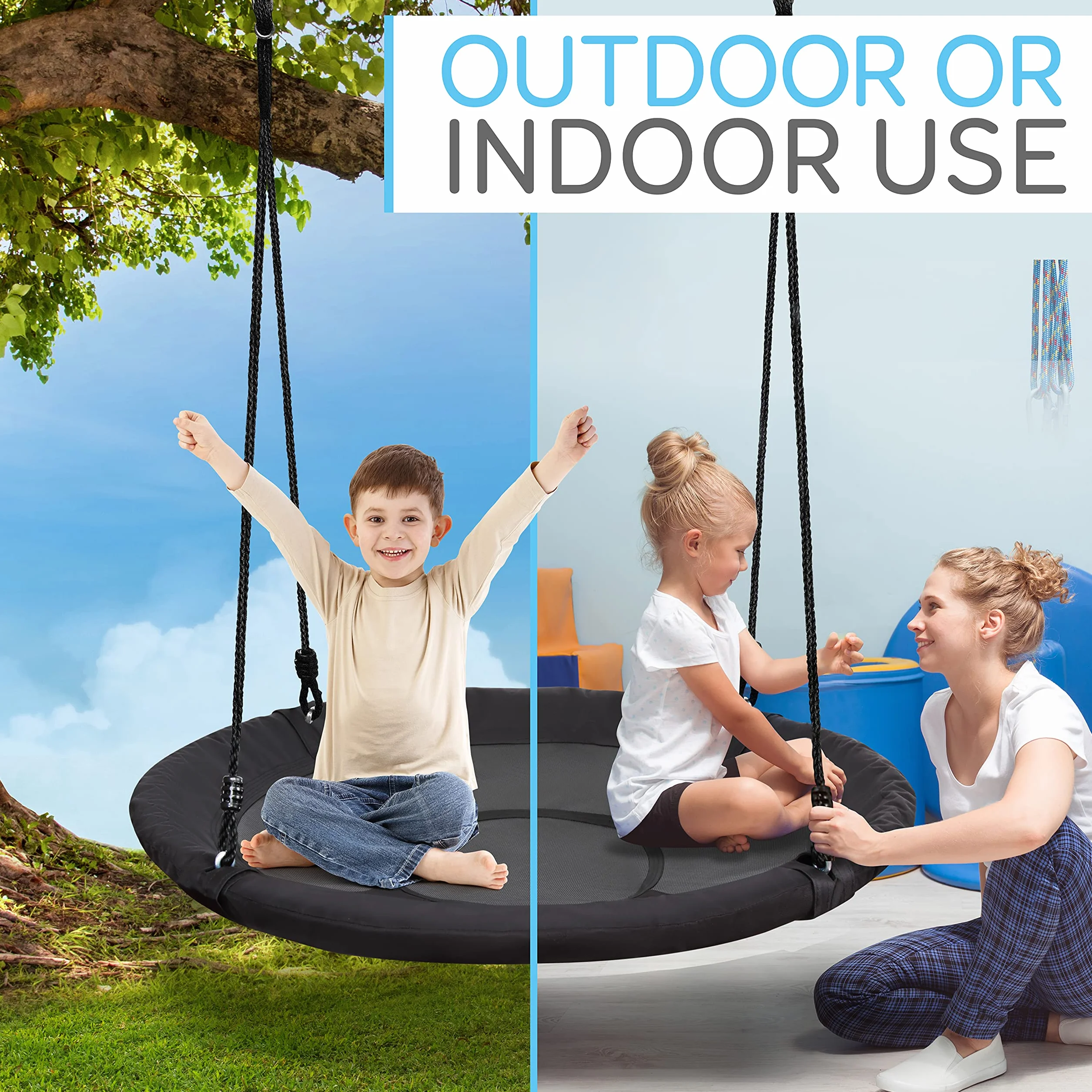 SereneLife 40 Inch Giant Outdoor Saucer Tree Swing with Hang Kit and Center Spinner - Round Hanging Circular Flying Saucer w/Rope Straps & Sturdy Steel Frame, Polyester Fabric Seat for Kids (Black)