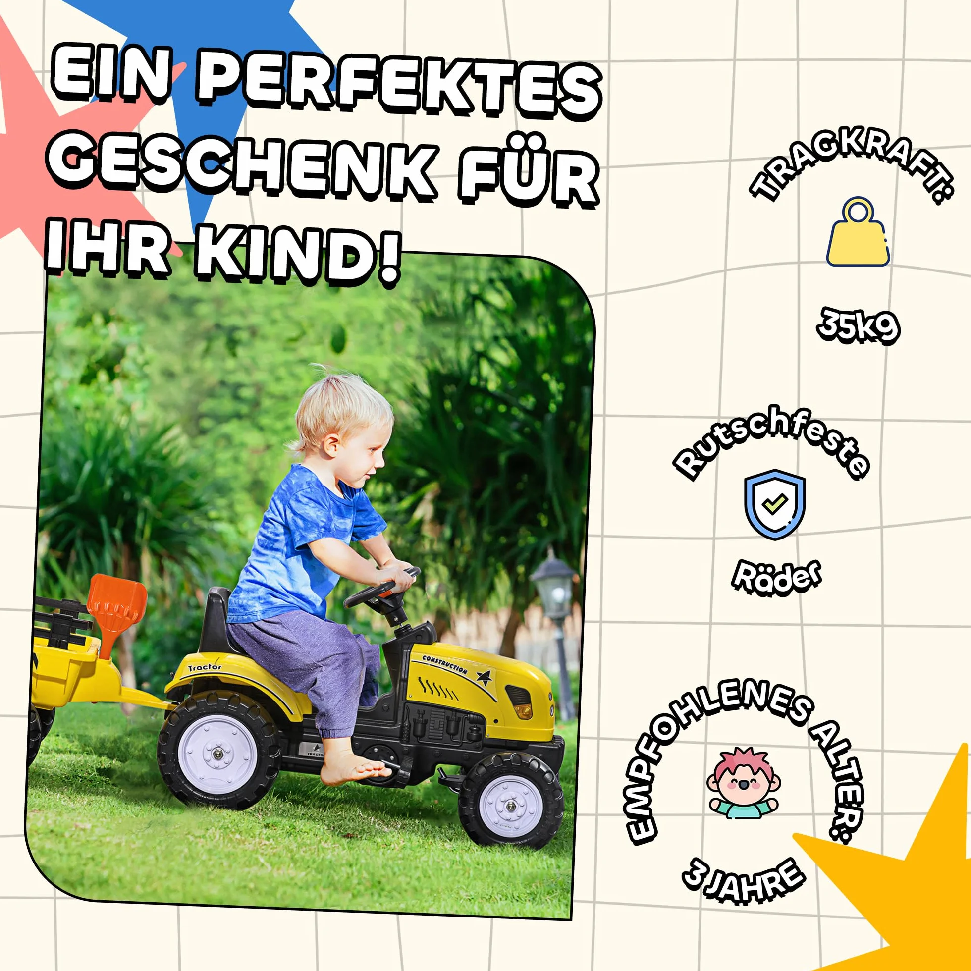 HOMCOM Traktor pedałowy z przyczepą, traktor pedałowy, dla dzieci od 3 lat, do użytku na zewnątrz, do ogrodu, metalowy, żółty, 133 x 42 x 51 cm