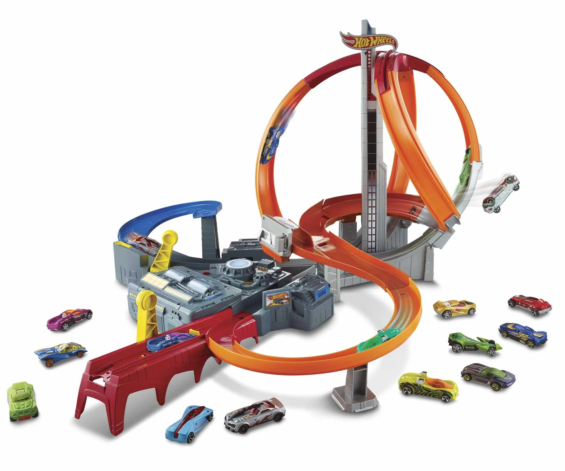 Hot Wheels Zakręcony karambol Zestaw z pomarańczowym torem, zawrotną prędkością, pętlami na kilka pojazdów i przyspieszaczem, dla dzieci od 6 roku życia, CDL45