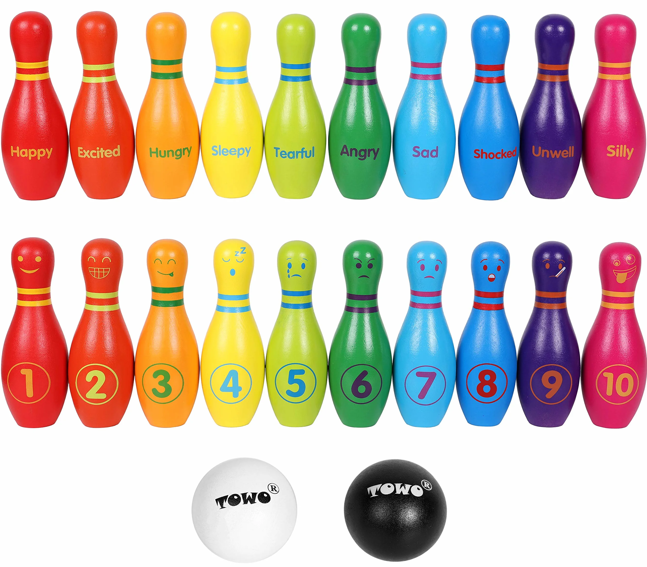 TOWO Skittles drewniane dla dzieci - drewniane Skittle Set z twarzy emocji i numery - 10 Pin Bowling Zestaw dla dzieci kryty i zabawki ogrodowe - drewniane zabawki dla 2 lat Maluch