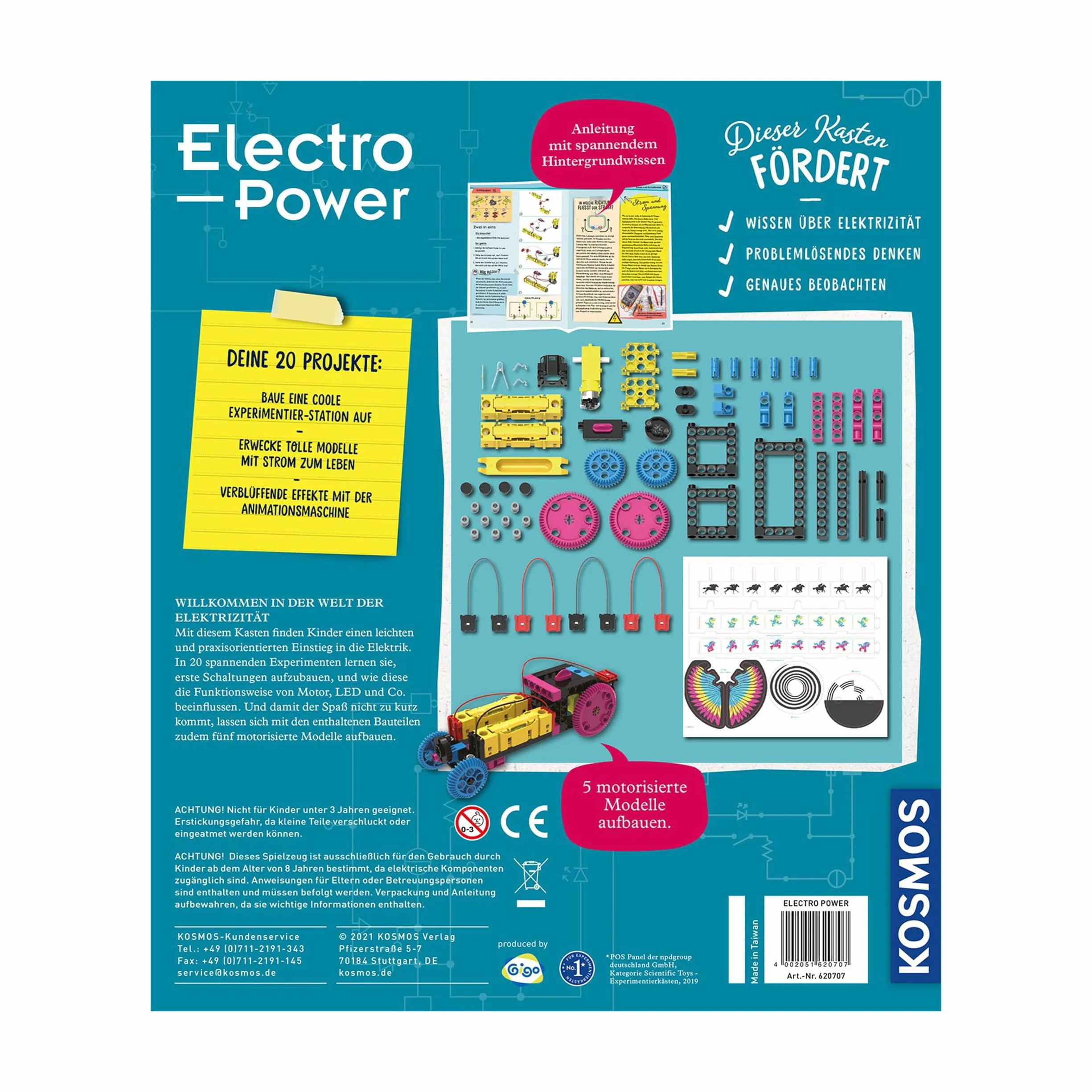 KOSMOS 620707 Electro Power – wejście w świat energii elektrycznej, Amazon Exklusiv, skrzynka eksperymentalna dla dzieci od 8 lat, zestaw klocków elektronicznych z 5 silnikami