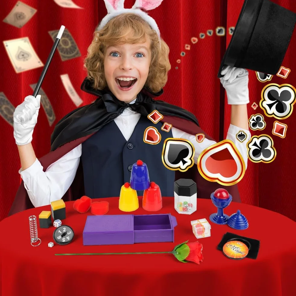 OSDUE Magiczne gry, 24 magiczne sztuczki dla dzieci, mały początkujący magiczna różdżka, zestaw magicznych sztuczek dla dzieci z magiczną peleryną i kapeluszem, prezent dla chłopców, dziewcząt