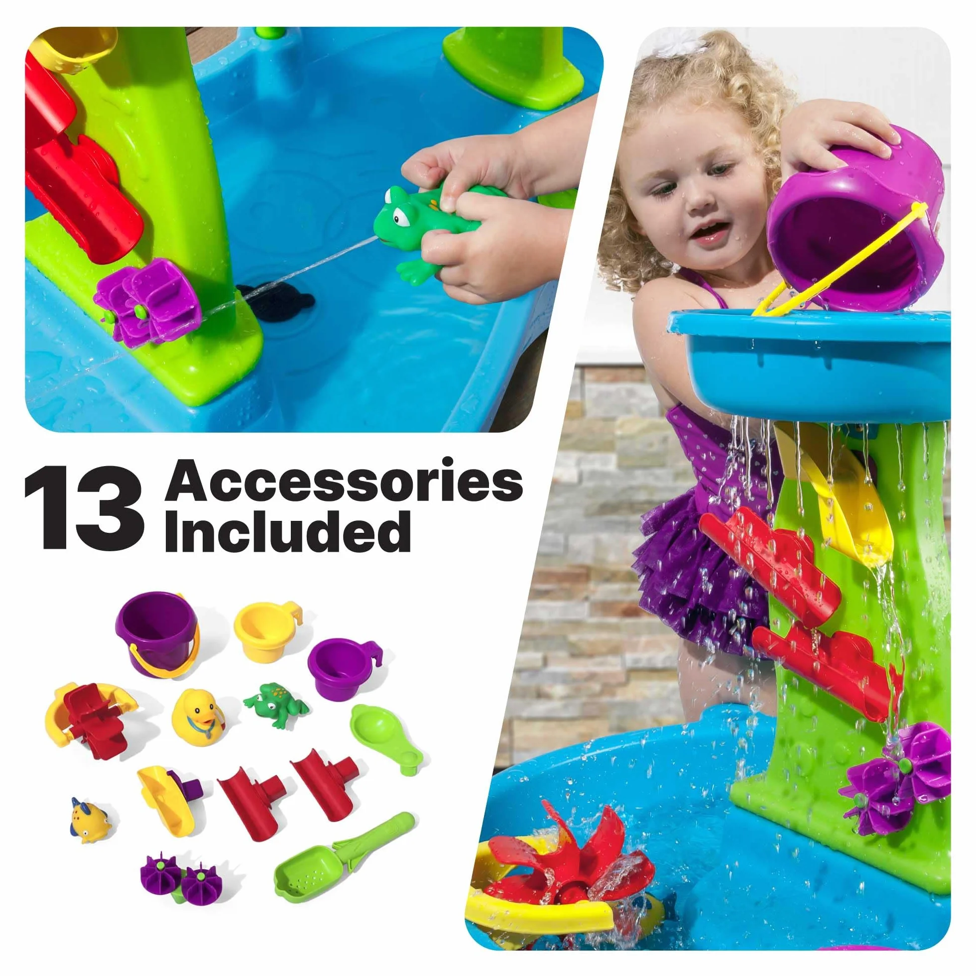 Step2 Rain Showers Splash Pond Stol Wodny z 13-czesciowym zestawem akcesoriow | Zabawki wodne dla dziecka | Stol z woda do ogrodu