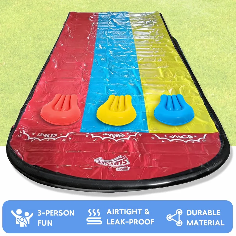 Zjeżdżalnia ogrodowa dla dzieci, 480 x 210 cm, Slide Triple z 3 bodyboardami, 5 łatkami naprawczymi, potrójna zjeżdżalnia ogrodowa na lato, do zabawy na świeżym powietrzu w ogrodzie, dla dzieci