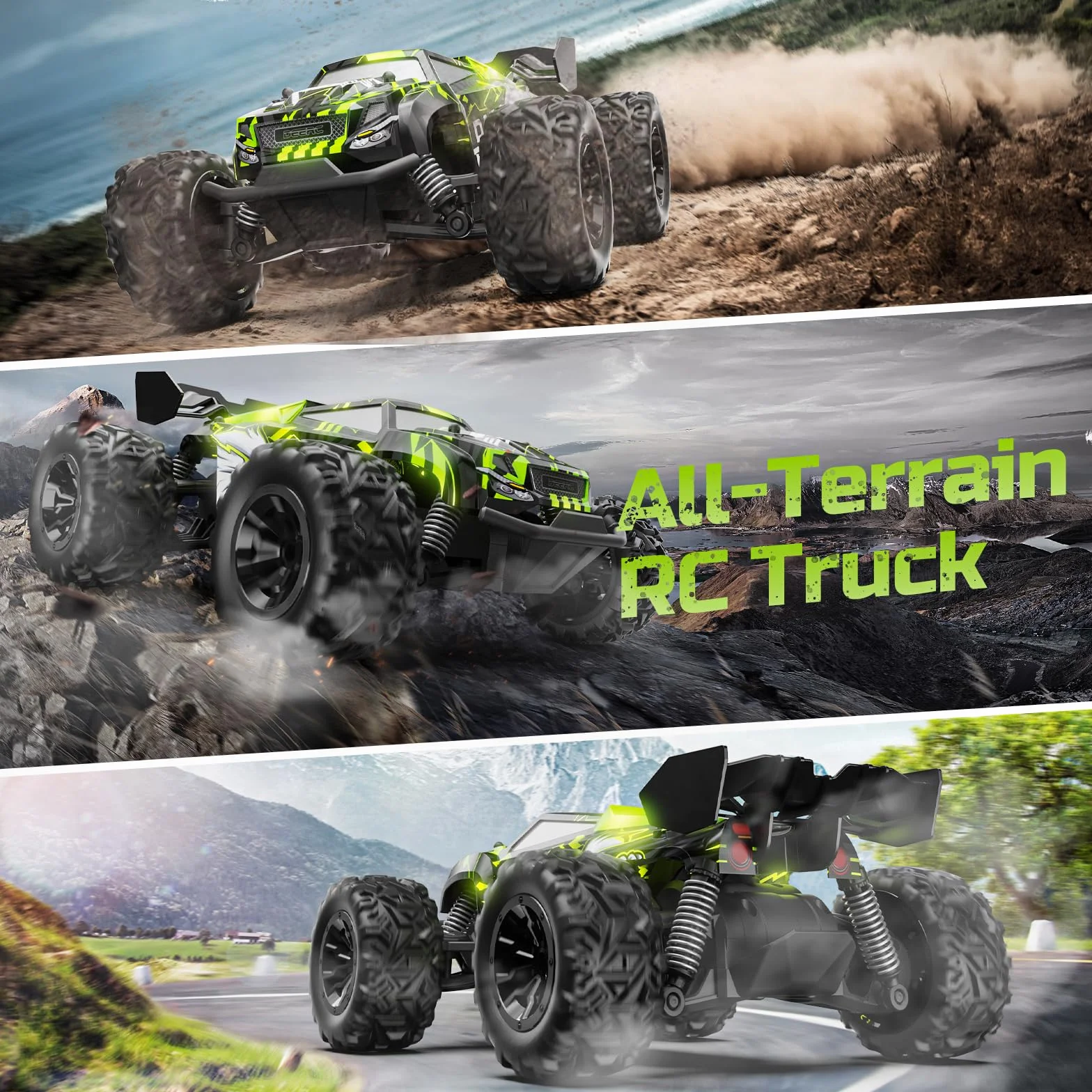 DEERC Samochód zdalnie sterowany, podświetlane samochody RC 2,4 GHz z 2 akumulatorami do 40 minut gry, zabawka terenowa Monster Truck dla chłopców i dzieci od 8 lat..