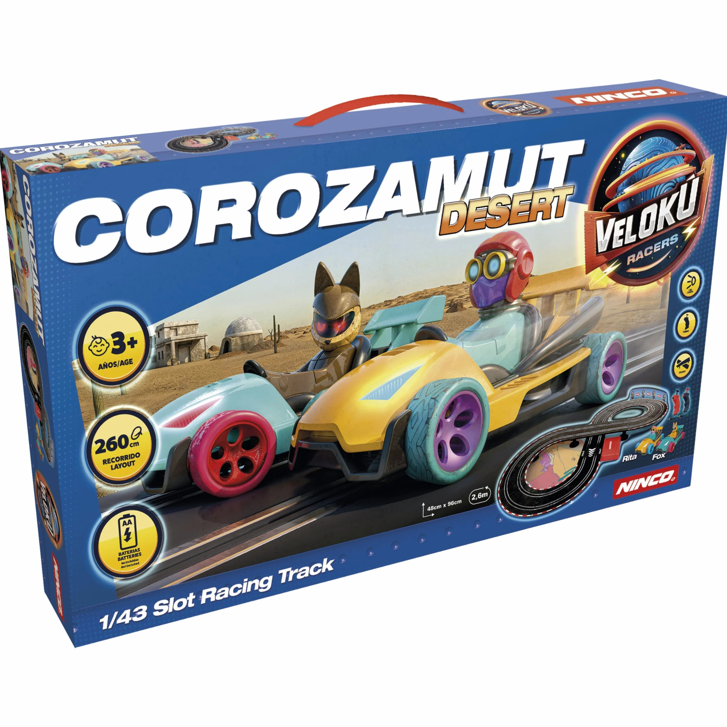Ninco - Przerzutka do gniazda | Velokú Racers Desert tor wyścigowy dla dzieci z długim dystansem 260 cm, zabawne pojazdy ze światłami i 2 figurkami, zaprojektowany dla dzieci od 3 lat (91020)