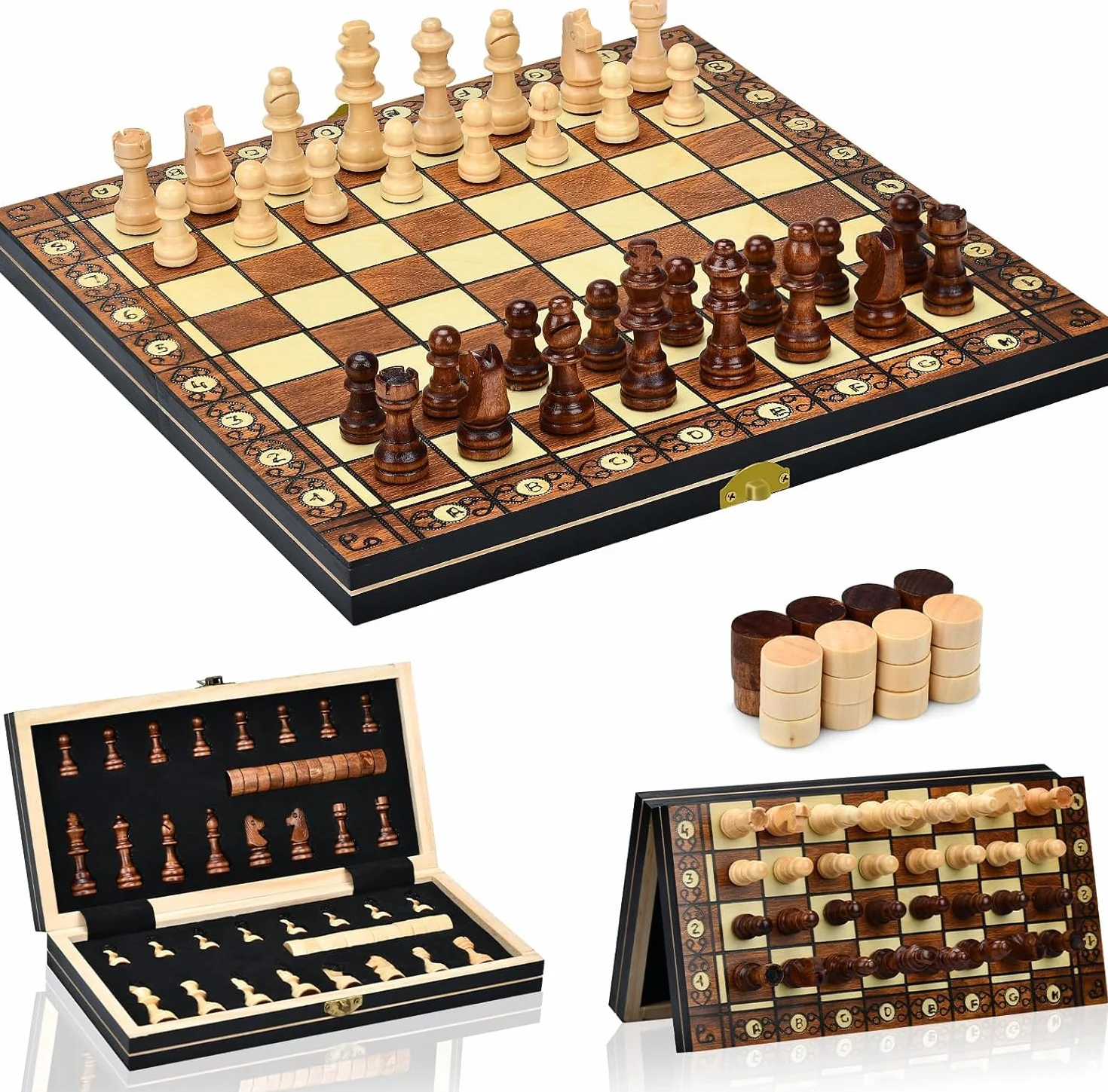 Aissom Drewniana szachownica 2 w 1, składana, magnetyczna, backgammon z gniazdem do przechowywania, warcaby dla dzieci i dorosłych imprezy (29 x 29 cm)