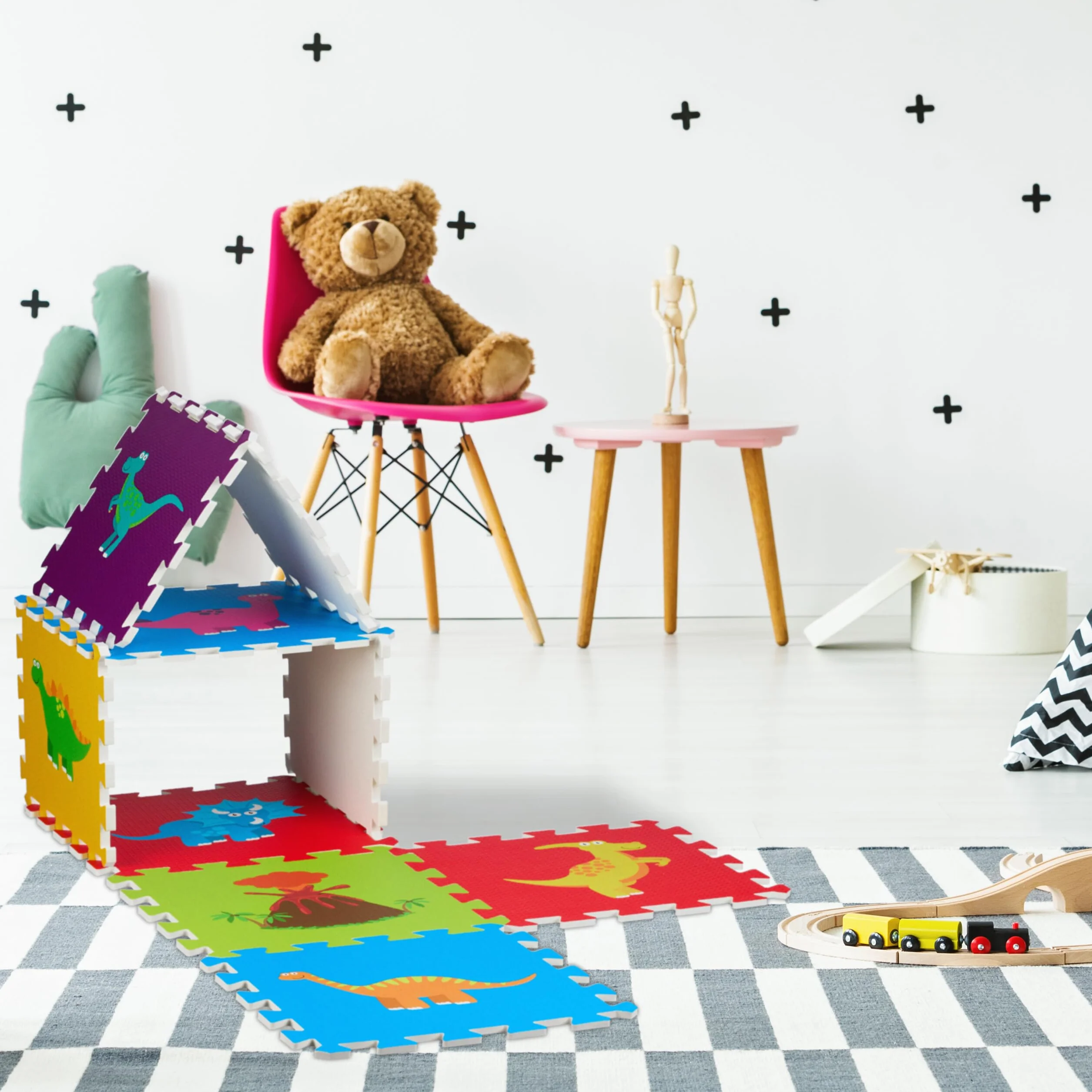 Relaxdays Dywan puzzle, mata do zabawy 3 x 3, dinozaury, mata do raczkowania, guma piankowa bez BPA, wielokolorowa, 86 x 86 cm