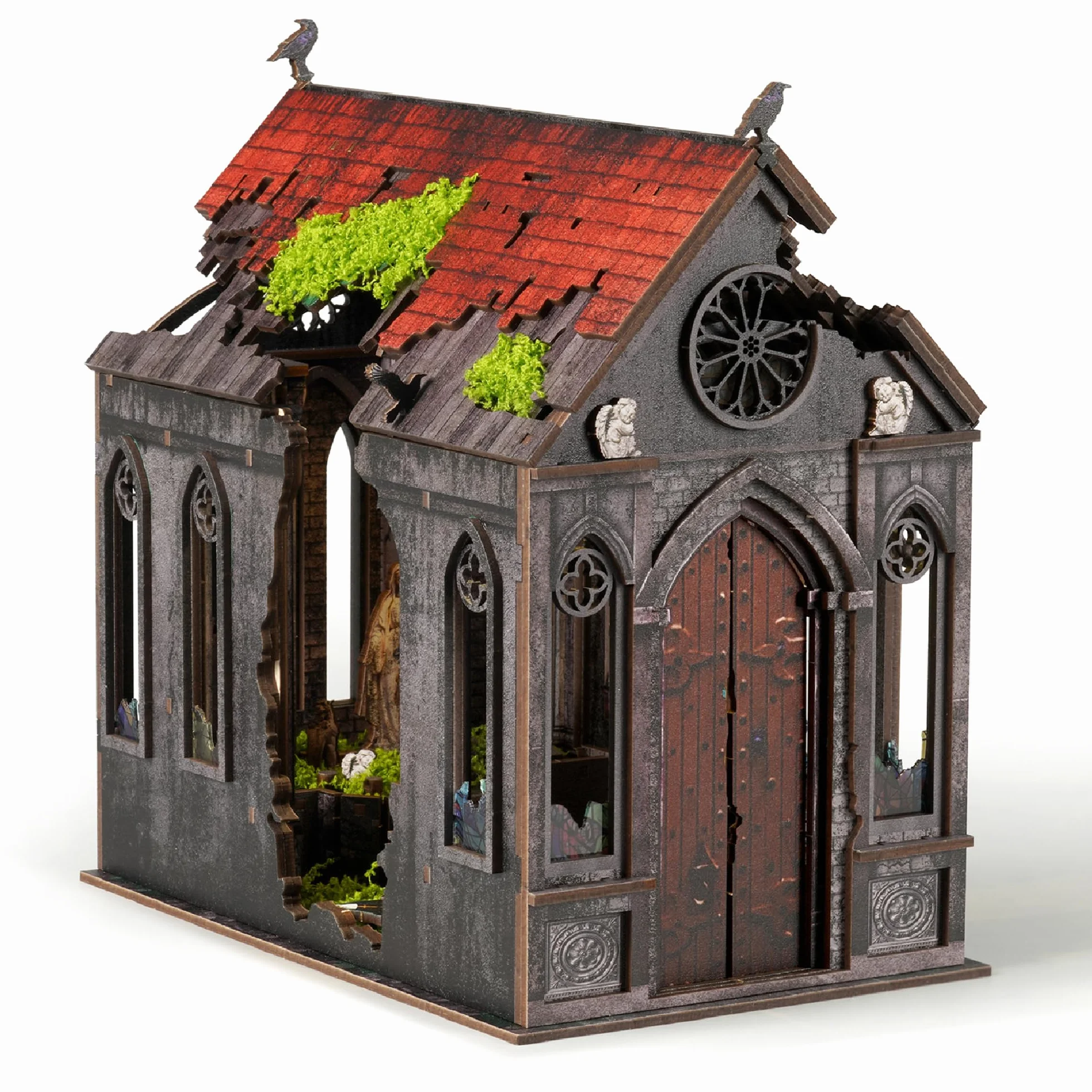 Miniaturowy zestaw zaginionej katedry – zestaw miniaturowy do samodzielnego wykonania dla dorosłych, nastolatków, domek dla lalek, regał na książki, dekoracja z oświetleniem LED, drewniane puzzle 3D
