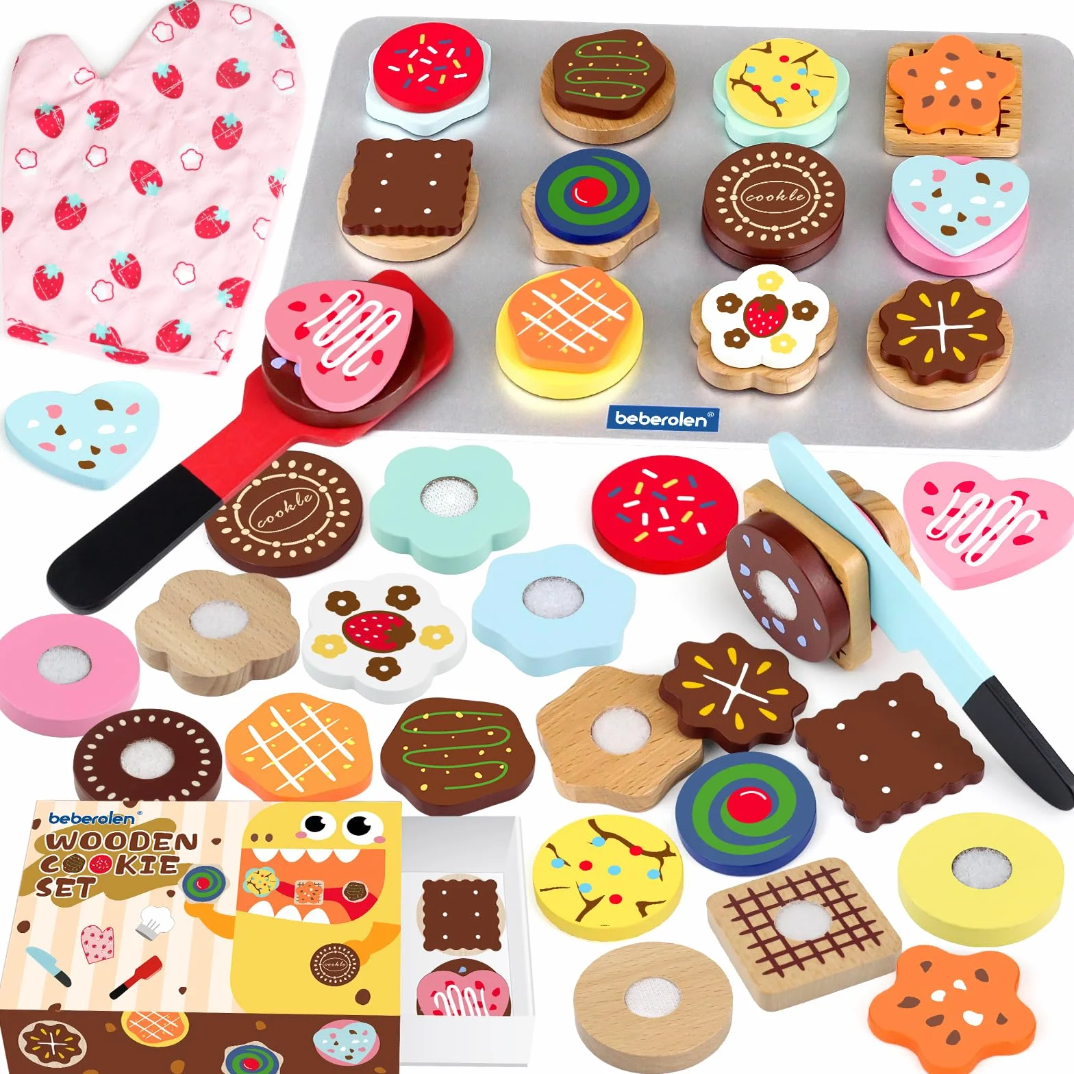 Beberolen Drewniana zabawka kuchenna, 30 sztuk talerzy i naczyń, zabawkowe akcesoria kuchenne, zestaw do herbaty dla maluchów, zestaw garnków i patelni dla dzieci, Zabawki do odgrywania ról