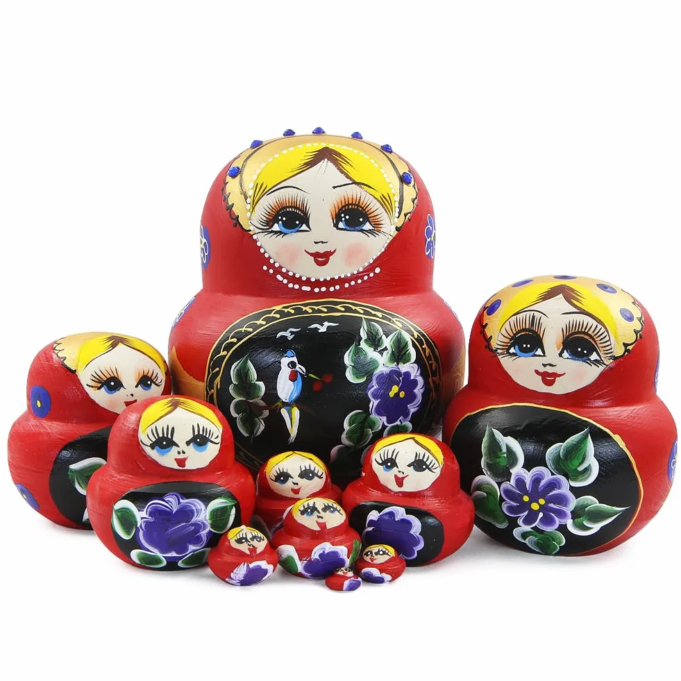 Boerni 10 czerwonych dziewczynek, zagnieżdżone lalki, blondynka dziewczyna cyrkonie kwiat drewniany ręcznie robione rosyjskie lalki matrioszka, lalki, prezenty dla dzieci, urodziny, dom, Boże