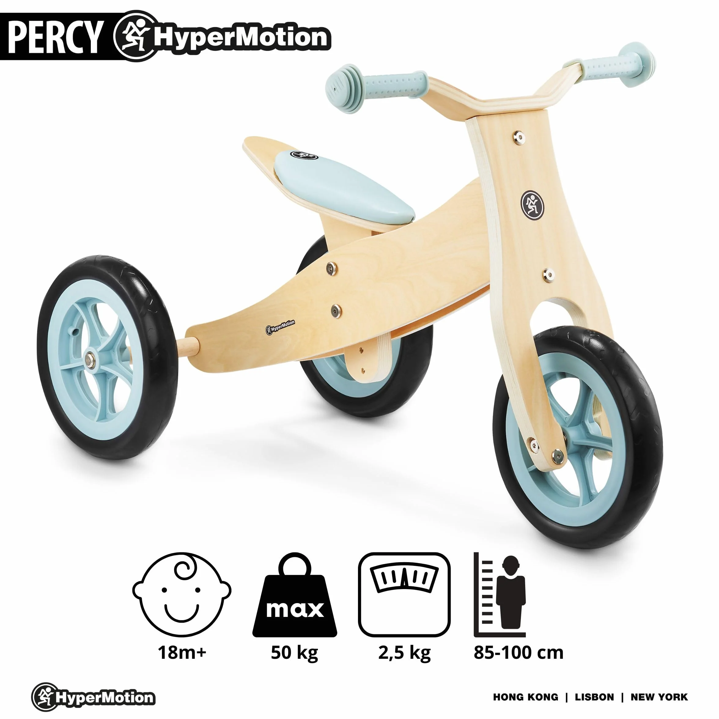 HyperMotion Drewniany Rowerek Trójkołowy dla Dziecka 18 m+, Dziecięcy Rowerek Biegowy 2w1 PERCY, Rowery dla Małych Dzieci, Rower Biegowy dla Chłopca Dziewczynki 2 lata, Regulowane Siedzisko