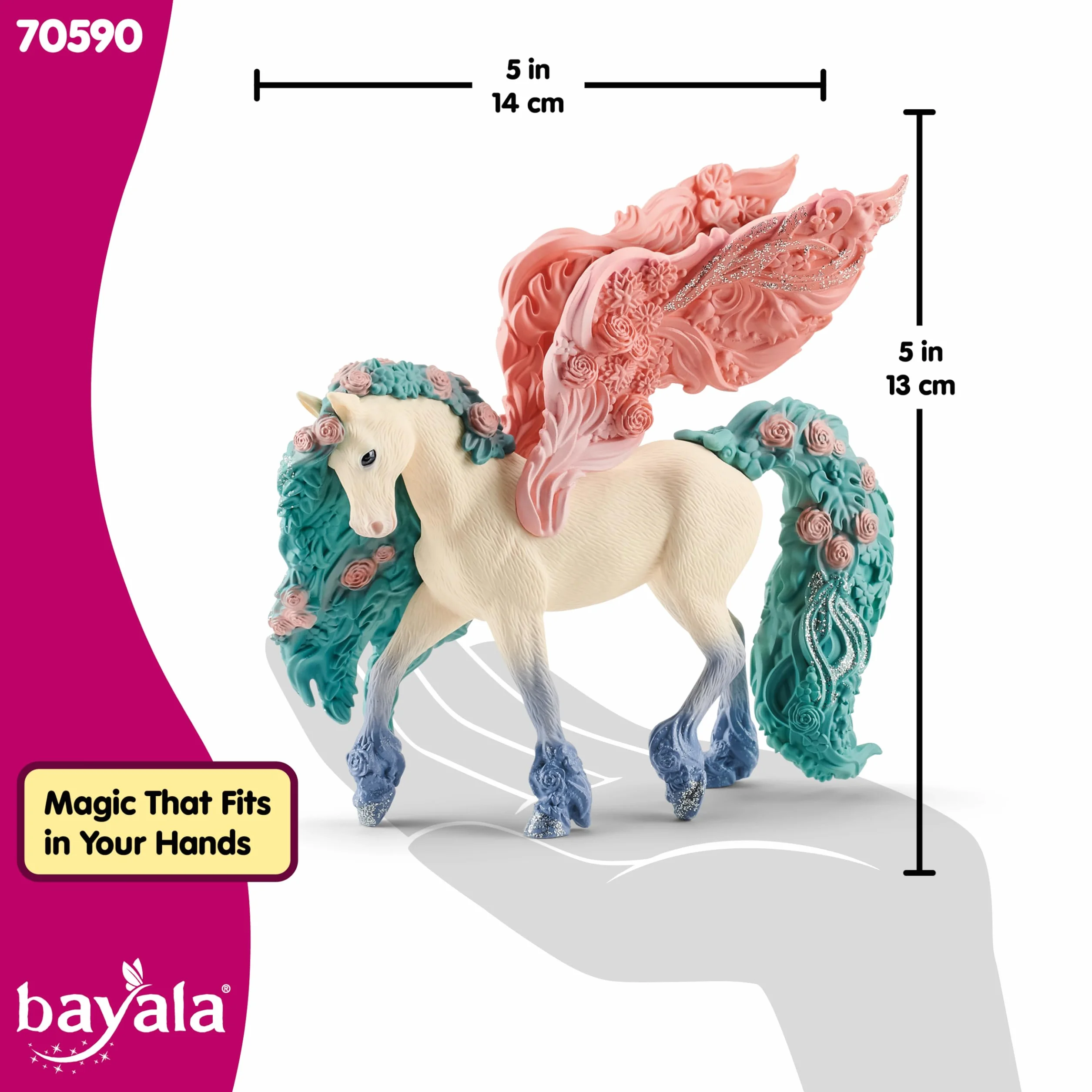 schleich BAYALA | Kwiatowy pegaz 70590 | Skrzydła ozdobione kwiatami i brokatem | Fantastyczna figurka kolekcjonerska | Prezent dla dziewczynek i chłopców | Od 5 lat | 14 × 7 × 13 cm
