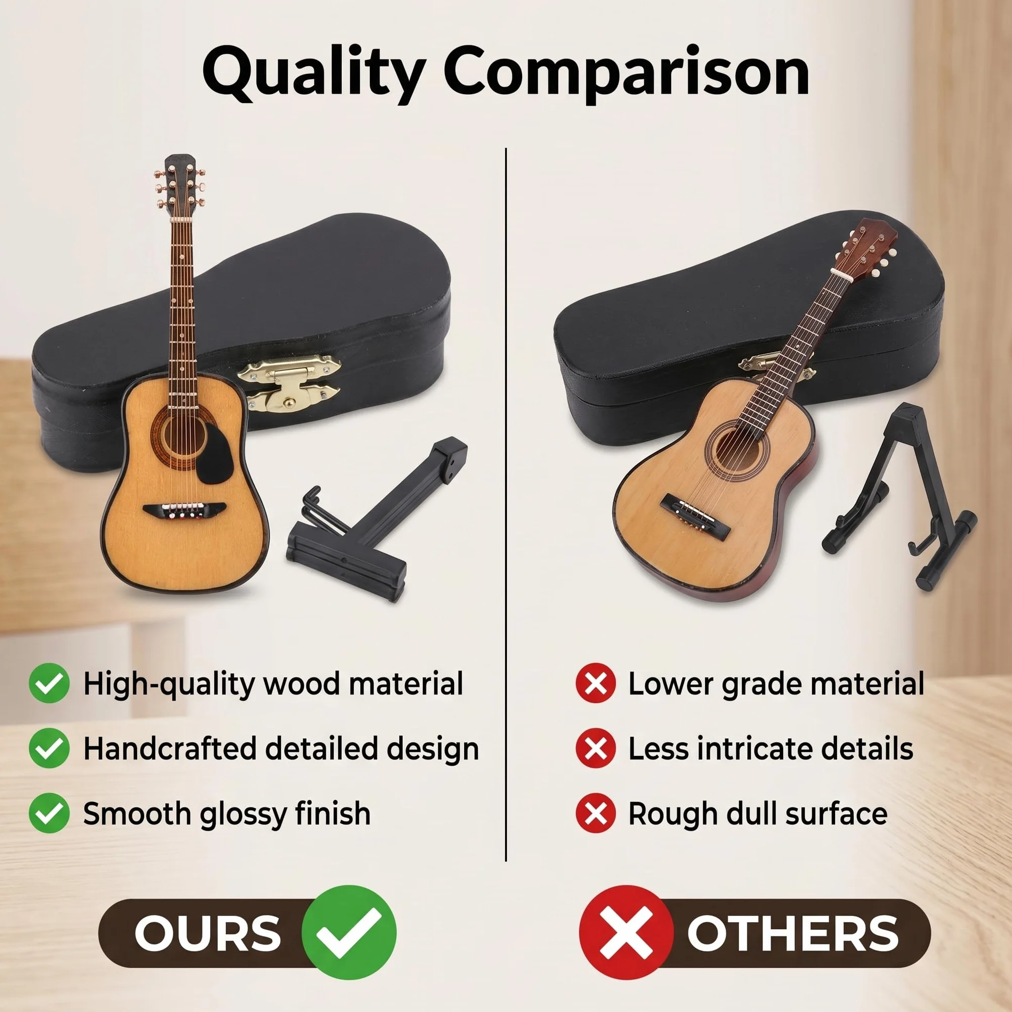 HEEPDD Miniaturowy model gitary, drewniana ozdoba gitarowa ze stojakiem do dekoracji domowego biura świąteczne prezenty urodzinowe 10 cm dla miłośników muzyki kolekcjonerzy gitar entuzjaści dekoracji