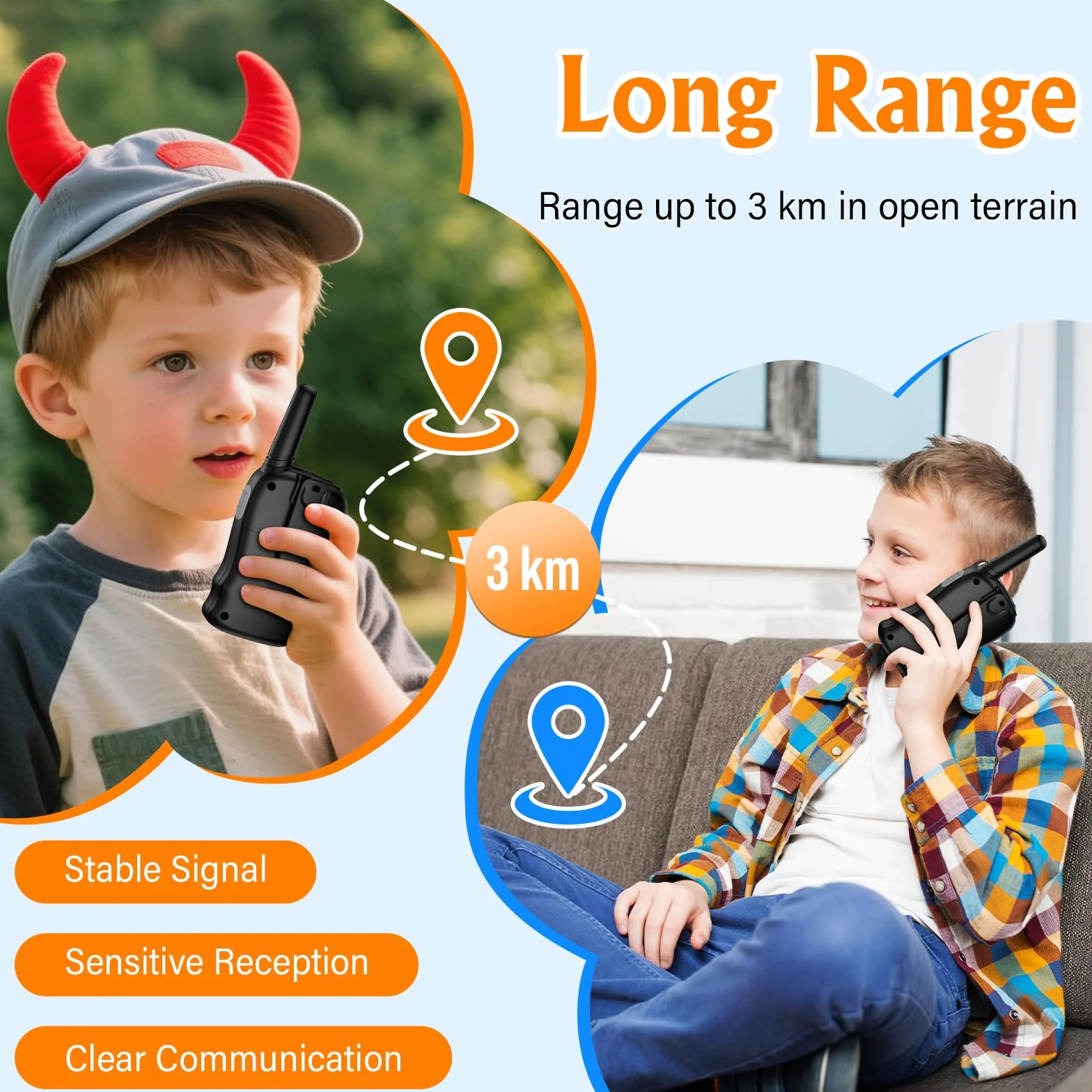 Walkie Talkie Kinder 2er Set, Pakinui Walky Talky mit 1000mAh Aufladbar Akku, Große Reichweite 3km Walki Talki Funkgeräte Set mit VOX Taschenlampe für Freien, Camping, Wandern