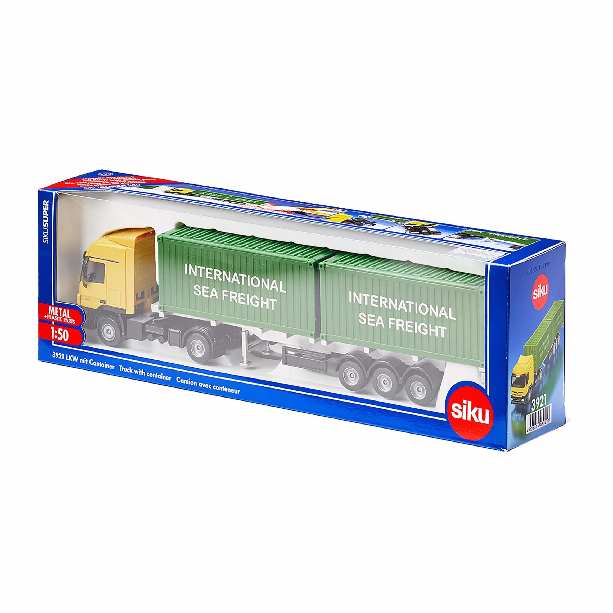Siku 3921, Ciężarówka z kontenerami, 1:50, Metal,Tworzywo sztuczne, Żółty,Zielony, Zmienna długość przyczepy