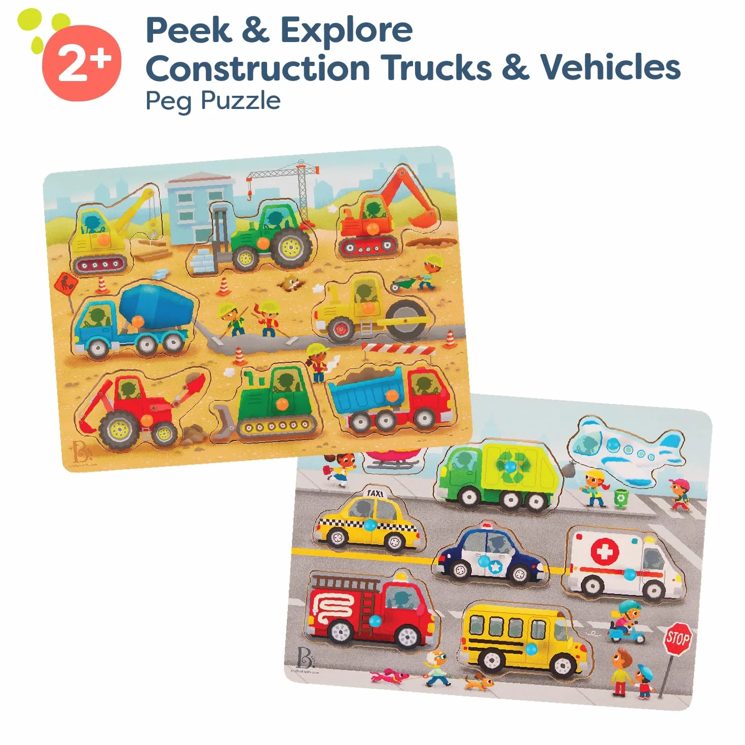 B. toys Drewniany Peg 8-częściowy zestaw puzzli dla maluchów – samochody, 2 lata + Peek & Explore Construction Trucks & Vehicles