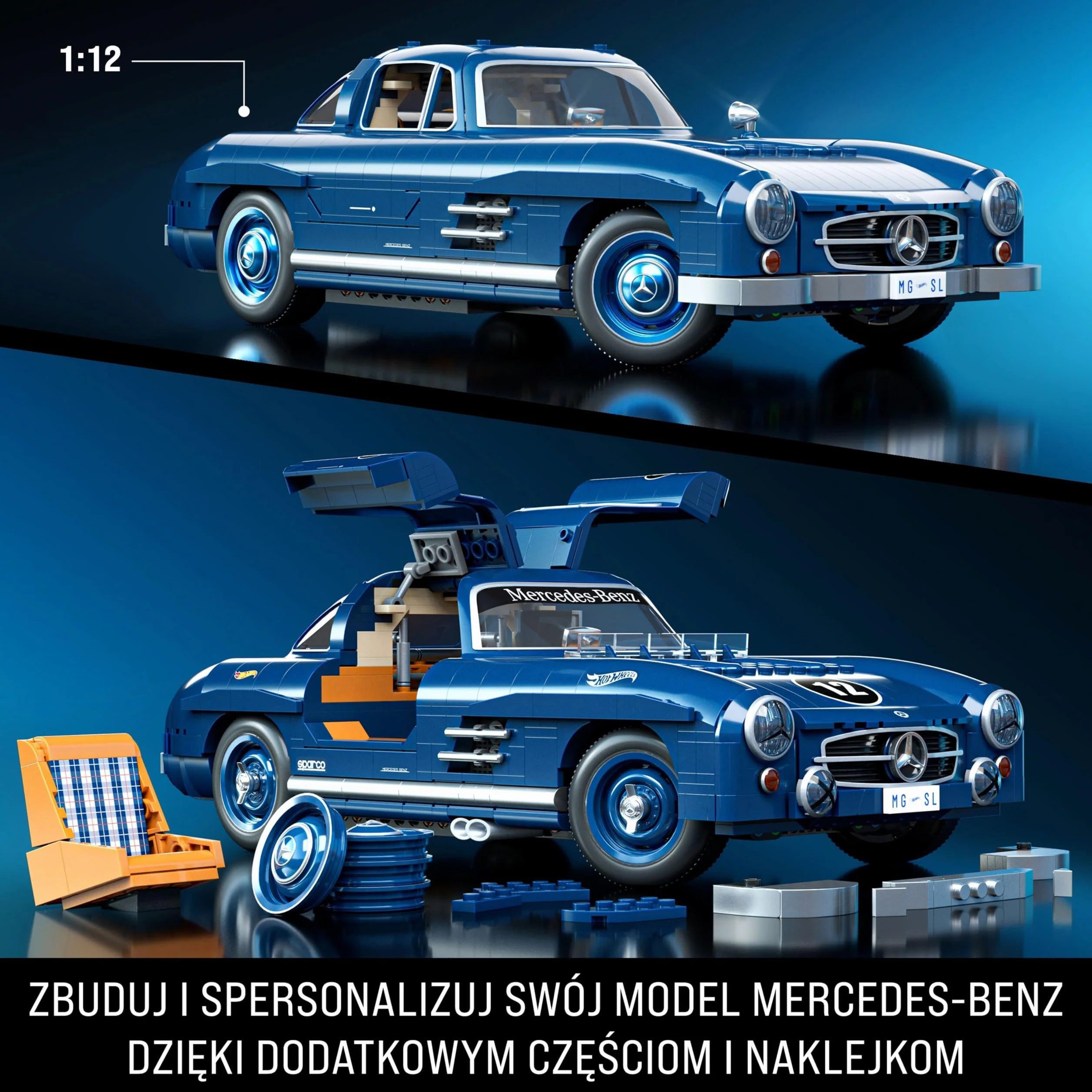 Hot Wheels Mercedes-Benz 300 SL Samochód Kolekcjonerski do Zbudowania z Klocków 1:12 1600 Elementów Zestaw Prezentowy HWW25