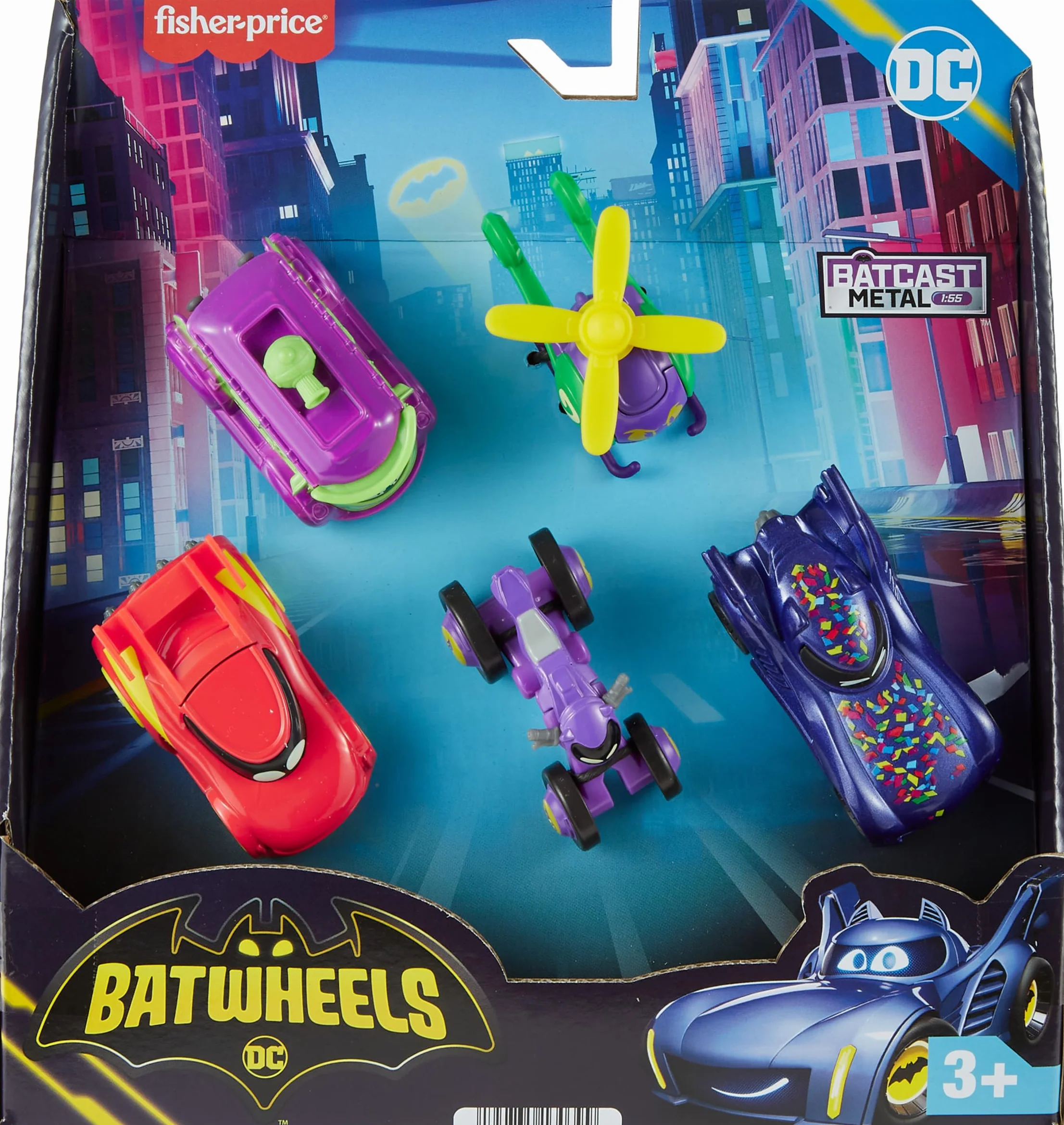 Fisher-Price DC Batwheels Metalowe pojazdy 5-pak w skali 1:55 Batmobil Bam, Redbird, Prank, Bibi i Quizz, metalowe pojazdy Batcast Metal, dla dzieci od 3 roku życia, HML21